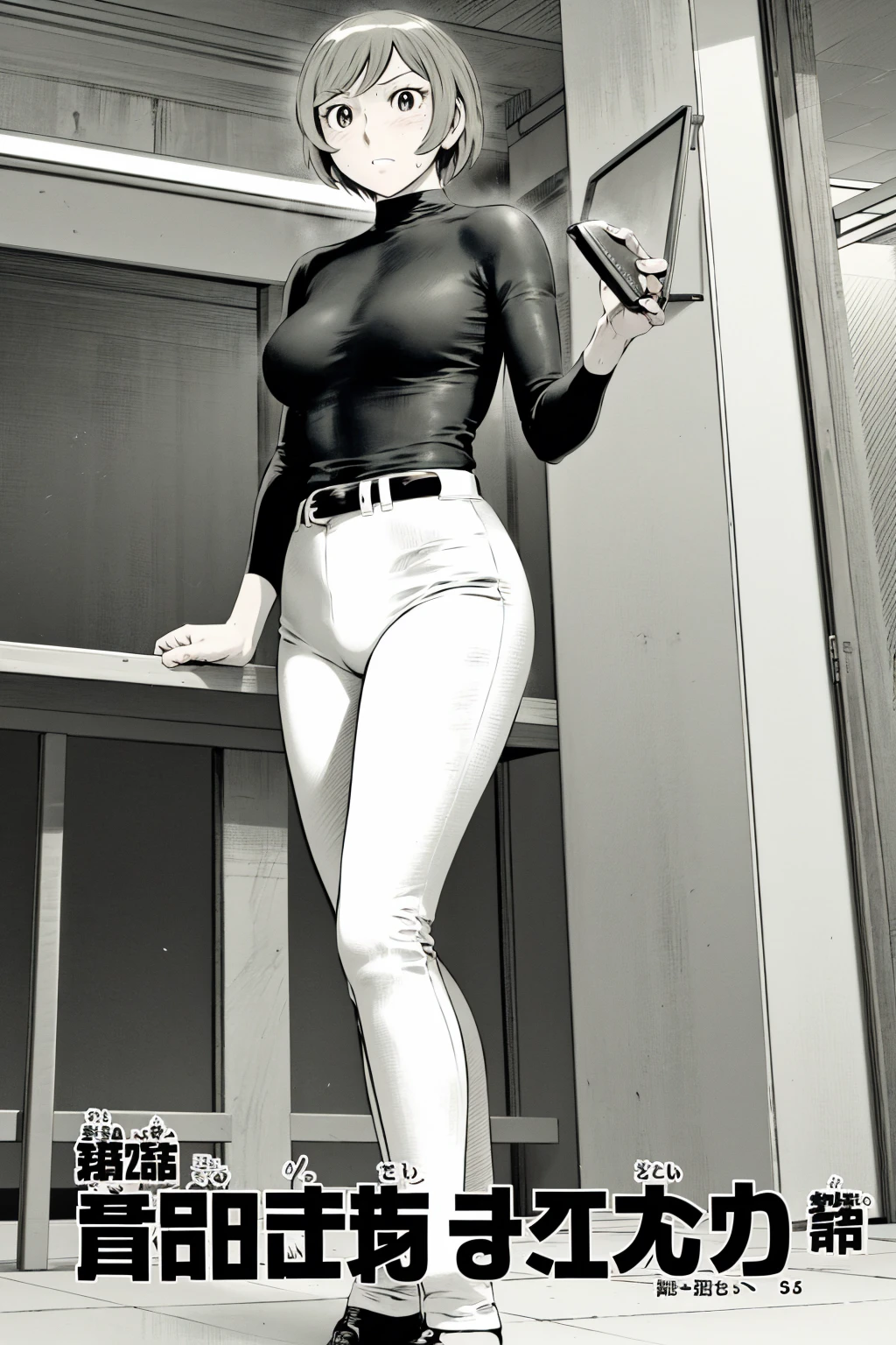 、(masterpiece、Highest quality)、Highest quality, Ultra-high resolution, (((masterpiece))), alone, Sweat、Big eyes,Tight black shirt、Tight white pants、belt、indoor、Composition from the front、(後ろCut your hair short、short hair、blonde、woman)、Shortcuts、Embarrassed face、Cut your hair short、可愛いwomanの子、Big Breasts、office