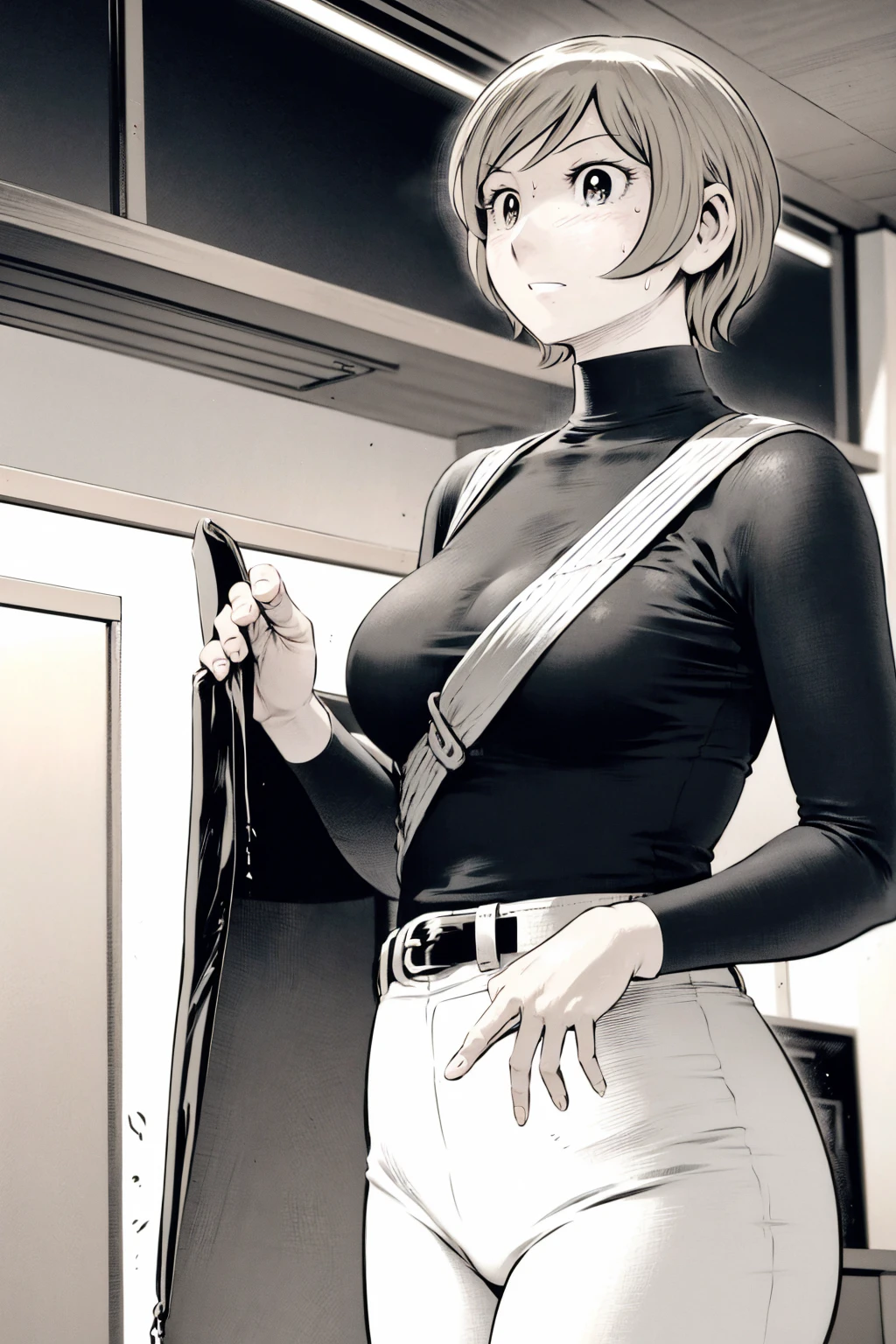 、(masterpiece、Highest quality)、Highest quality, Ultra-high resolution, (((masterpiece))), alone, Sweat、Big eyes,Tight black shirt、Tight white pants、belt、indoor、Composition from the front、（後ろCut your hair short、short hair、blonde、woman）、Shortcuts、Embarrassed face、Cut your hair short、可愛いwomanの子、Big Breasts、office