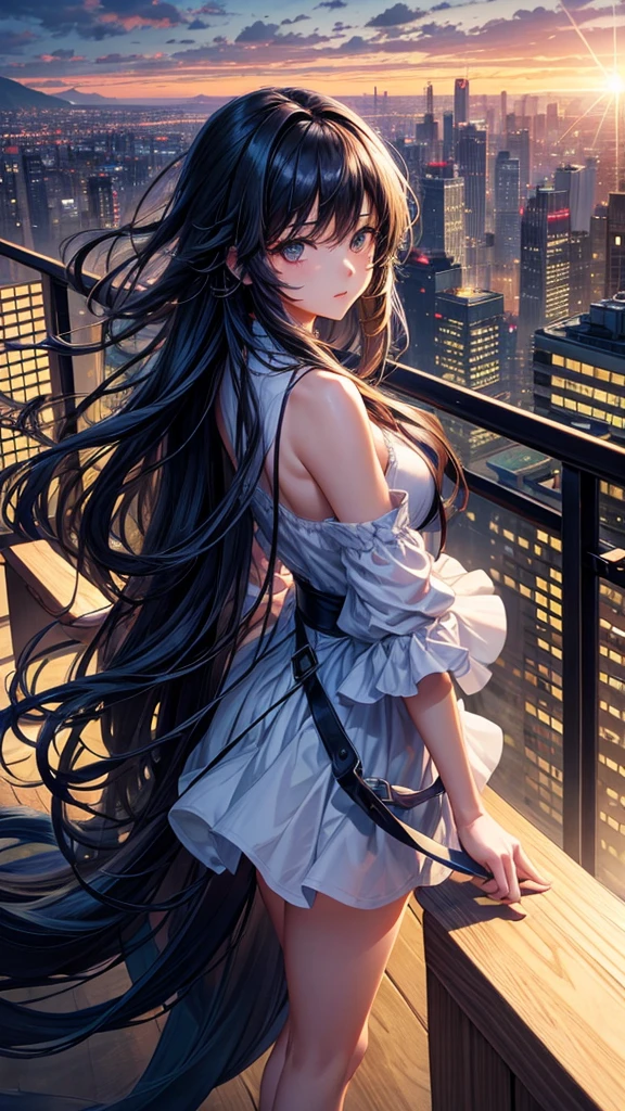 “A dynamic, high-resolution aerial view from the rooftop of a skyscraper. A beautiful long-haired girl with black hair stands with her back to the viewer, her floating hair catching the wind. She gazes down at the city below. The scene includes the vast sky, clouds, and a setting sun, casting a cinematic glow over the cityscape. Capture the intricate details and the grandeur of the urban landscape.”