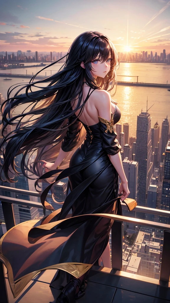“A dynamic, high-resolution aerial view from the rooftop of a skyscraper. A beautiful long-haired girl with black hair stands with her back to the viewer, her floating hair catching the wind. She gazes down at the city below. The scene includes the vast sky, clouds, and a setting sun, casting a cinematic glow over the cityscape. Capture the intricate details and the grandeur of the urban landscape.”