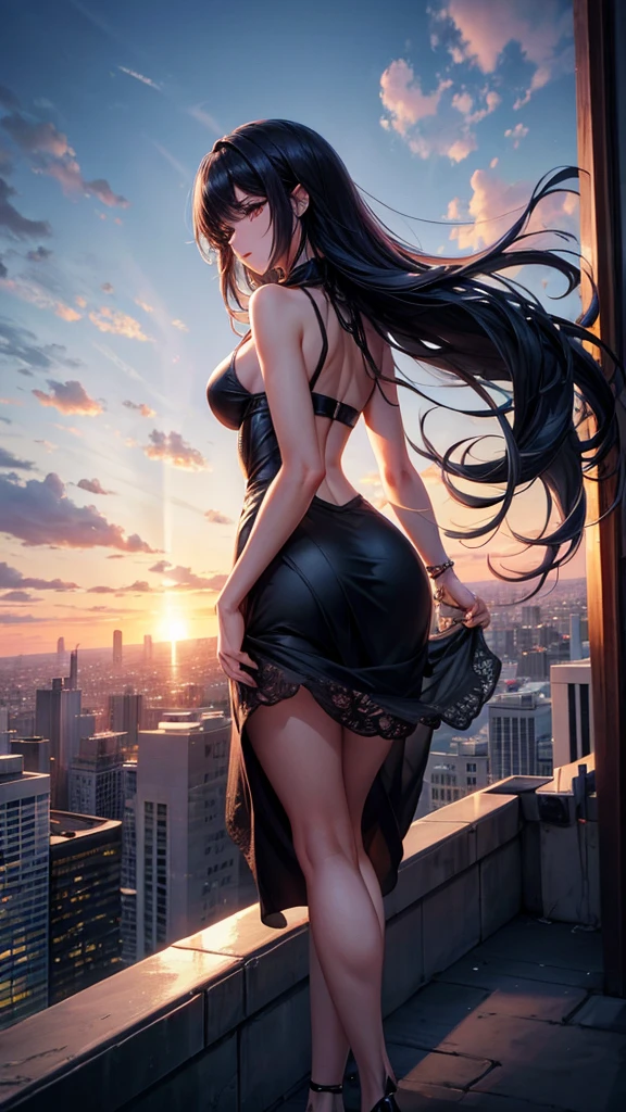 “A dynamic, high-resolution aerial view from the rooftop of a skyscraper. A beautiful long-haired girl with black hair stands with her back to the viewer, her floating hair catching the wind. She gazes down at the city below. The scene includes the vast sky, clouds, and a setting sun, casting a cinematic glow over the cityscape. Capture the intricate details and the grandeur of the urban landscape.”