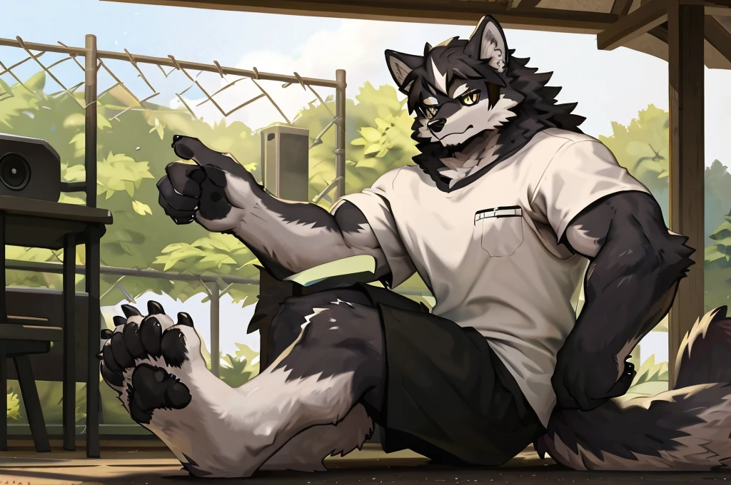 (Strong arms),(Strong legs),masterpiece, best quality, Official Art, Extremely detailed CG unified 8k wallpaper, Ultra Detailed, Best Illustration, , Ink fur, hairy male, Wolf Boy, hairy, Ink fur, 1 Boy,, male focus,, Striped hair, Wolf ears, Animal ears, Single speaker, Ink fur, Bangs, dark hair, White highlights, Medium Hair, Solitary, Ink tail,hairy尾巴,(Black pupil),High target,(In a school playground),,barefoot,(Sexy),((High target and strong)),side,(Delicate eyes:1.2),Inky eyes,male,Solitary,(Inky pupils),(Detailed face),(Sharp eyes),Permanent,(Detailed hands),(Foot details),aldult,type,Moderate,Long legs,(Detailed fingers),(Delicate eyes),(White shirt),(Black shorts),easy,