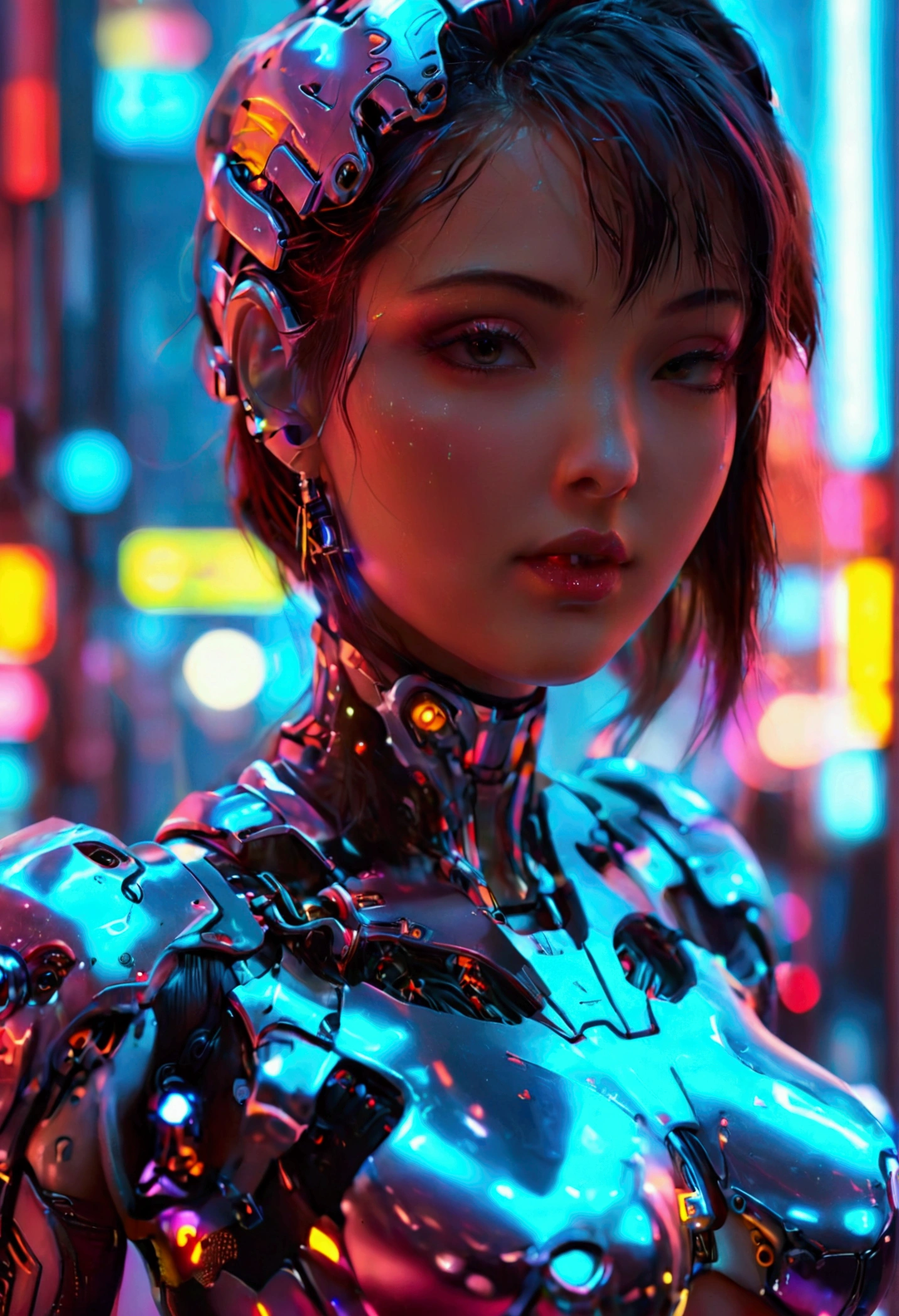 a cute woman, sexy skin-tight bodysuit, cybernetic data-ports, neon chrome color scheme, future tokyo, posing next to a matching cyber super mecha, masterpiece, best quality, 8k, hyperrealistic, extremely detailed, cinematic lighting, volumetric fog, dramatic atmosphere, intricate details, photorealistic, digital art, concept art, sci-fi, cyberpunk
