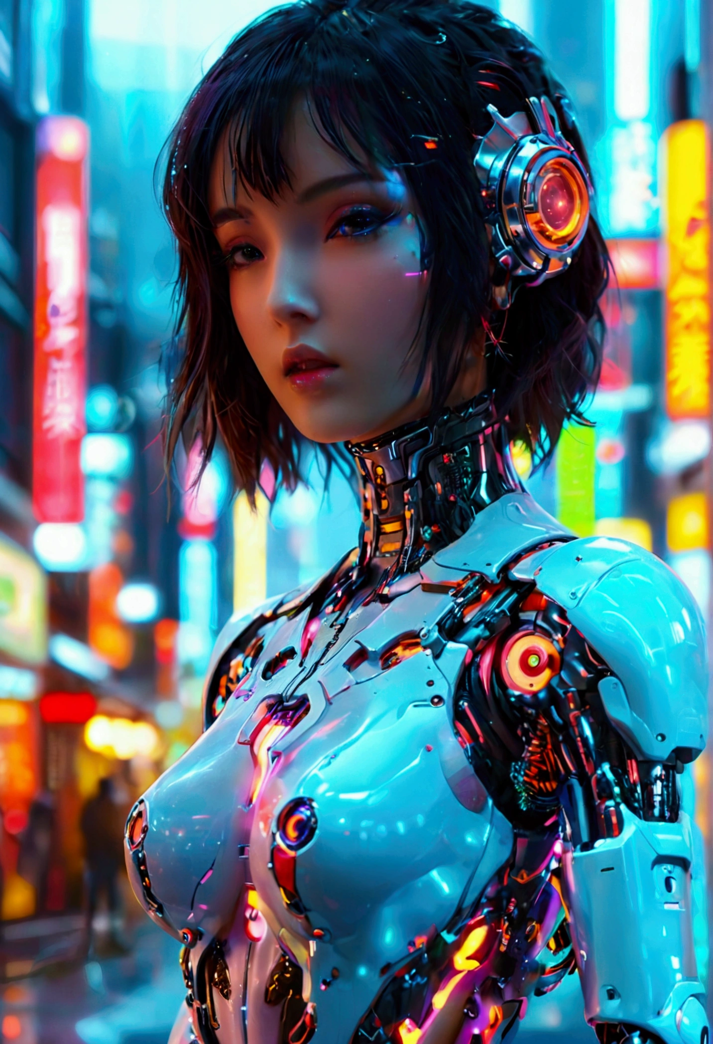 a cute woman,  skin-tight , cybernetic data-ports, neon chrome color scheme, future tokyo, posing next to a matching cyber super mecha, masterpiece, best quality, 8k, hyperrealistic, extremely detailed, cinematic lighting, volumetric fog, dramatic atmosphere, intricate details, photorealistic, digital art, concept art, sci-fi, cyberpunk
