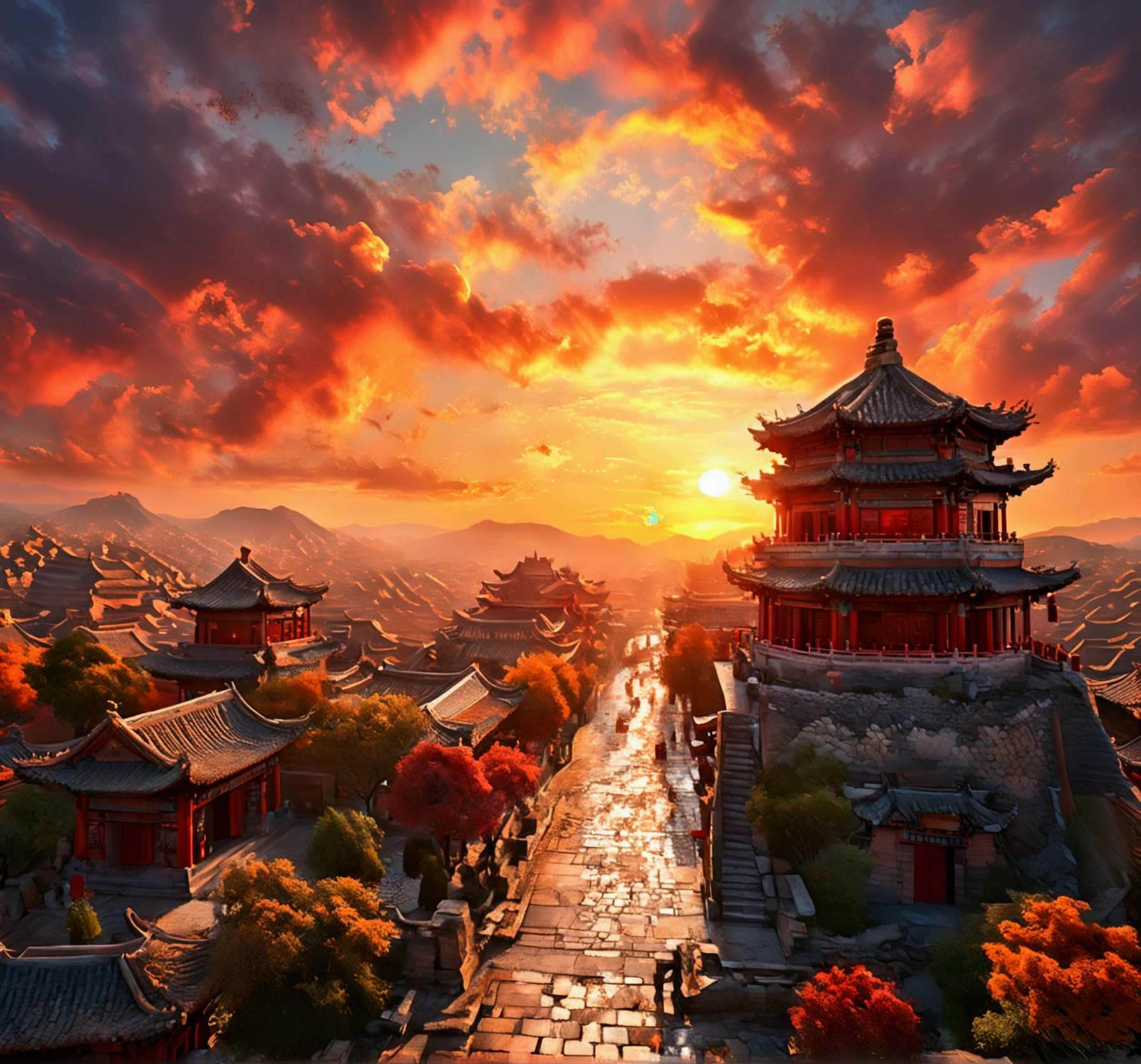 Ancient Chinese architecture，Chinese Drum Tower,High viewing angle, Landscape concept art, Ultra-high resolution (lifelike: 1.4), aesthetics, Key Points, high quality, Vibrant colors, Award-winning photography, Rich in details,Scenery of ancient Chinese capital, (The sunset sky is dyed orange and red:1.4), Sunlight shines through gaps in the clouds, cobblestone, After the Rain, Ancient city at sunset