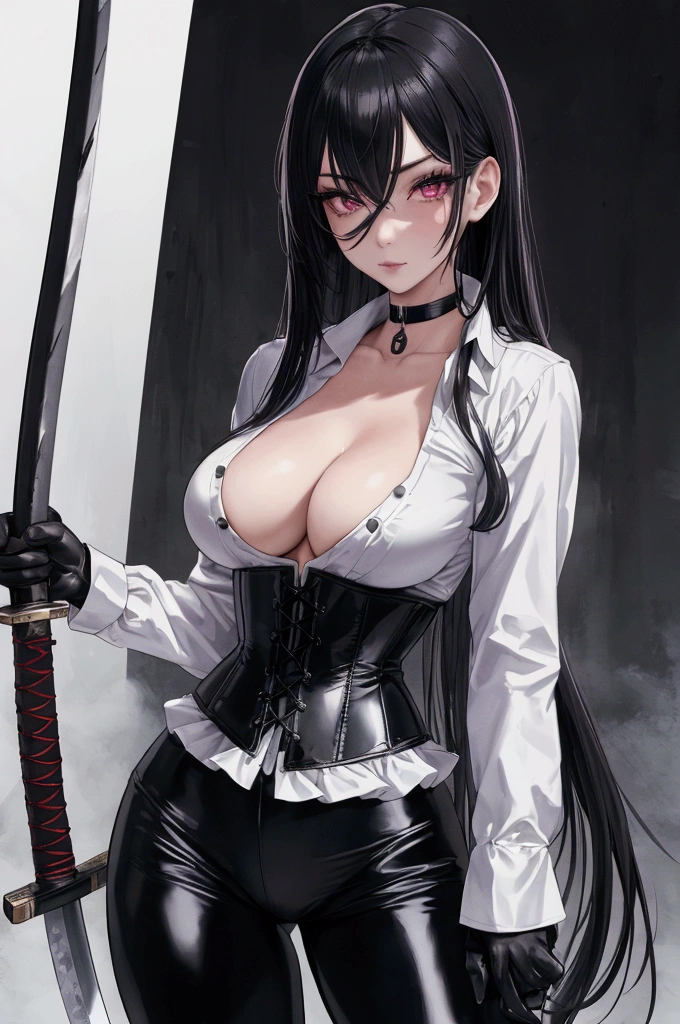 Masterpiece, Beautiful art, professional artist, 8k, Very detailed face, Detailed clothing, detailed fabric, 1 girl, View from the front, standing, pose sexy, BIG BREASTS, perfectly drawn body, shy expression, pale skin, beautiful face, long black hair, 4k eyes, very detailed eyes, pink cheeks, choker:1.6, (white long sleeve button down shirt with white collar), black gloves, gloves that cover hands, (holds a katana with his right hand), (black leather corset), (shiny black leggings), Sensual Lips, show details in the eyes, dark forest, Atmosphere, fog, At night