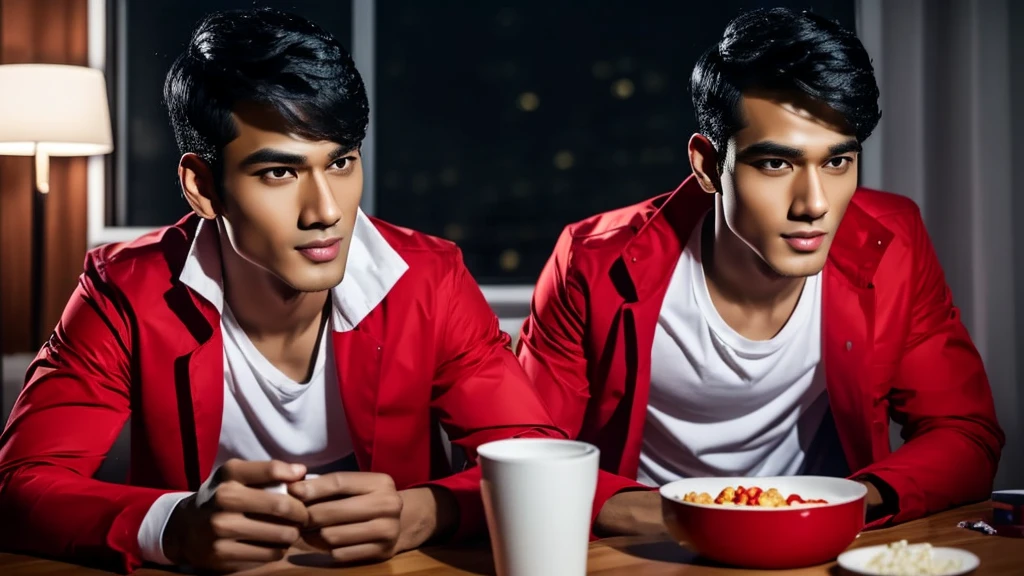 A handsome boy, Chin black hairstyle, red demonic eyes , slim body, white shirt and red jacket sitting in his room and eating snacks while watching movie in night rainy outside