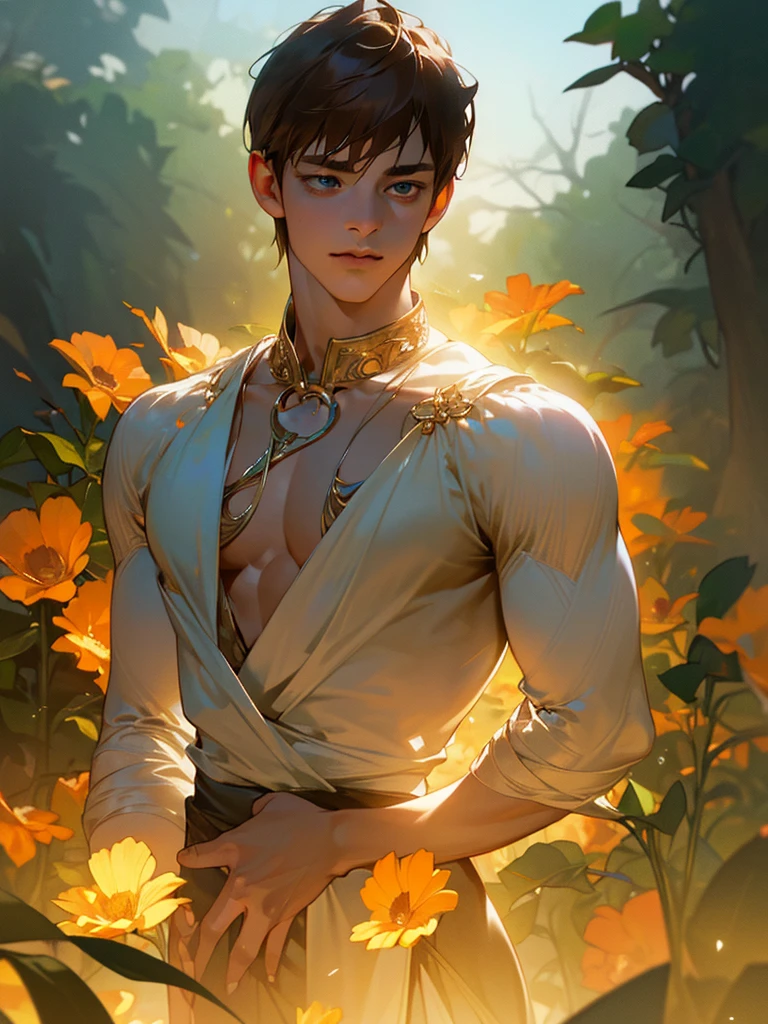 1 young teen boy, detailed boy, muscular boy, brown hair, blue eyes, twink, small waist, big arms, chiseled abs, big voluptuous chest, body wrapped in beautiful flower vines, see-through clothes, in a blank room, sunset beautiful floral field, (best quality,4k,8k,highres,masterpiece:1.2),ultra-detailed,(realistic,photorealistic,photo-realistic:1.37),HDR,UHD,studio lighting,ultra-fine painting,sharp focus,physically-based rendering,extreme detail description,professional,vivid colors,bokeh,portraits,fantasy,dramatic lighting,dramatic colors,floral,lush flowers,floral vines,gossamer,ethereal,dreamlike,half body