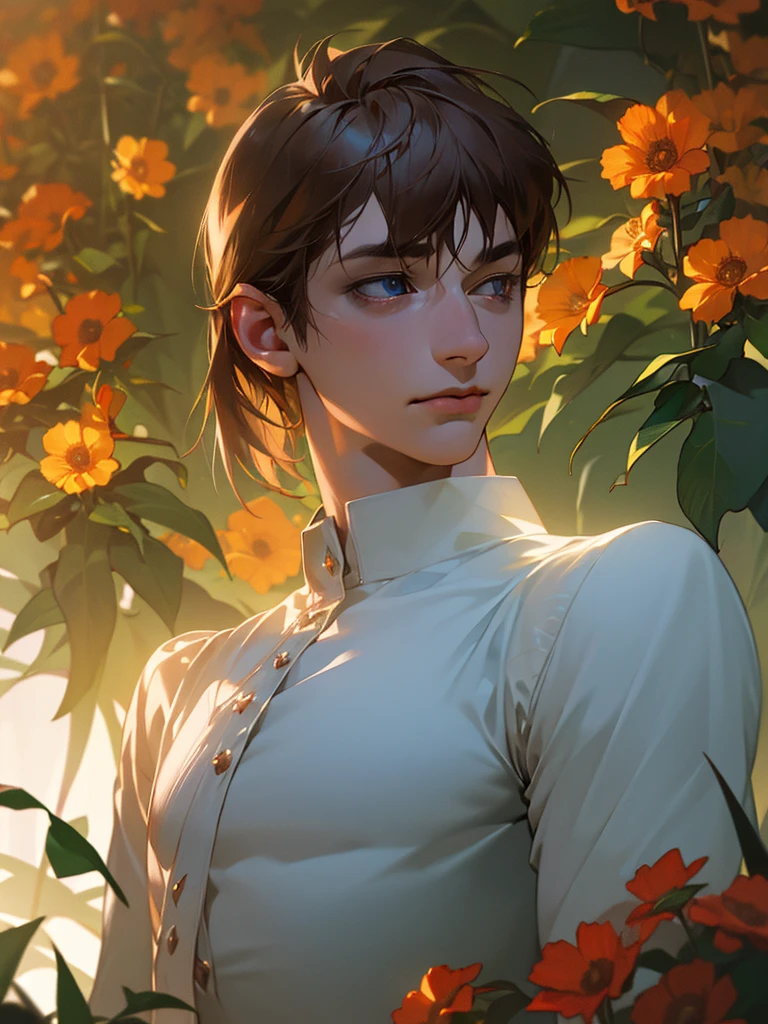 1 young teen boy, detailed boy, muscular boy, brown hair, blue eyes, twink, small waist, big arms, chiseled abs, big voluptuous chest, body wrapped in beautiful flower vines, see-through clothes, in a blank room, sunset beautiful floral field, (best quality,4k,8k,highres,masterpiece:1.2),ultra-detailed,(realistic,photorealistic,photo-realistic:1.37),HDR,UHD,studio lighting,ultra-fine painting,sharp focus,physically-based rendering,extreme detail description,professional,vivid colors,bokeh,portraits,fantasy,dramatic lighting,dramatic colors,floral,lush flowers,floral vines,gossamer,ethereal,dreamlike,half body