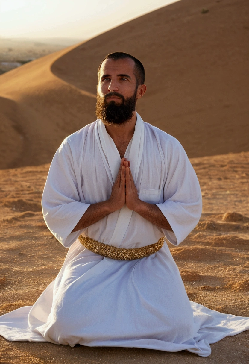 Joachim, 35 years old, kneeling in a quiet corner of the Palestinian desert, dressed in a simple traditional robe. His dark hair falls over his shoulders, and the beard is well-groomed. He raises his hands to the sky in a pose of deep devotion and humility, muttering the words of prayer in Hebrew. Around it, an arid desert landscape with rocky hills and golden sand stretches to the horizon.. The soft light of the rising sun bathes the stage in a golden glow, emphasizing the serenity and spirituality of the moment. There are no idols or images around him, only the vastness of the desert and Joachim’s spiritual connection with his Jewish faith.