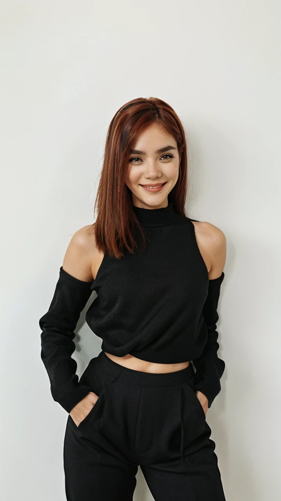 black sweater, black pantaloon, bare shoulders, medium bust, smiling, flirty face