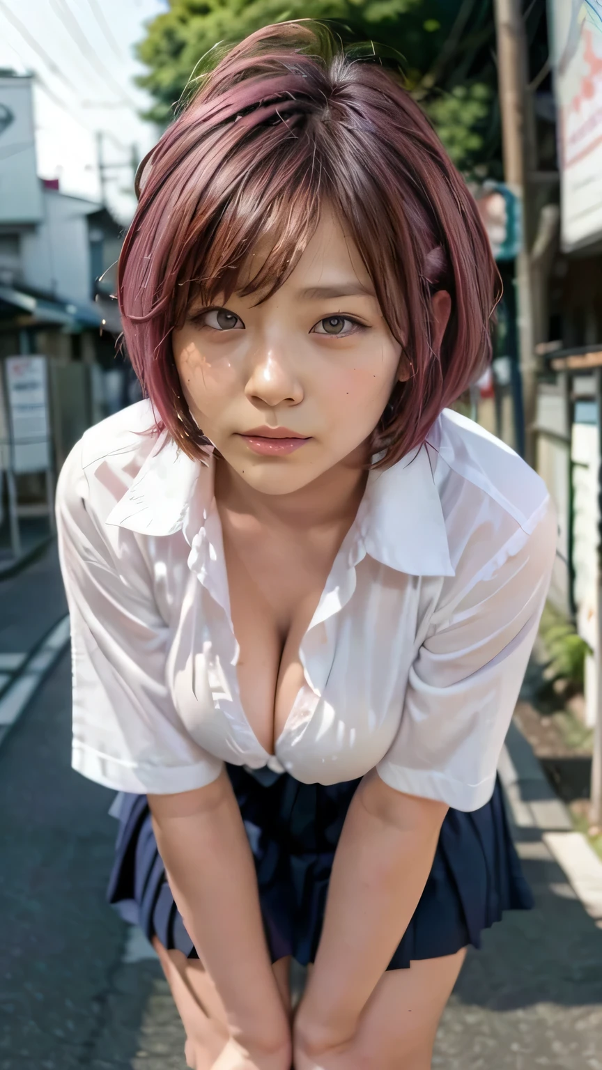 (On the streets of Tokyo、A high school girl is bending down to pick up her bag that was on the ground.。:1.2、blue sky、Cleavage:1.4)、((school uniform、blazer、Pleated skirt、Navy blue socks、loafers)、the wind is strong、(Realistic、Like a photograph、Live Action、8k, Realistic, RAW Photos, Best image quality: 1.4), Single-lens reflex camera、RAW Photos, Highest quality, Realistic, Highly detailed CG Unity 8k wallpaper, Written boundary depth, Cinematic Light, Lens flare, Ray Tracing, Realistic background、((Ultra-Dense Skin))、 age girl on her way to school,cute Japanese、(YHer shirt is unbuttoned, Expose part of the bra.:1.4、Big Breasts、The top of the bra is visible.)、(whole body:1.5)、Very detailedな顔,avert your eyes:1.1、(Pink inner color hair、short hair:1.2、My hair is blowing in the wind:1.4)、I like that style、stylish、Very detailed、Pay attention to the details、Perfect outfit、(Sunburned skin)、View from the front、Accurate hands、Accurate legs、Detailed hands and fingers、Anatomically correct body、Thin legs、Thin thighs、Large Breasts、Detailed bra