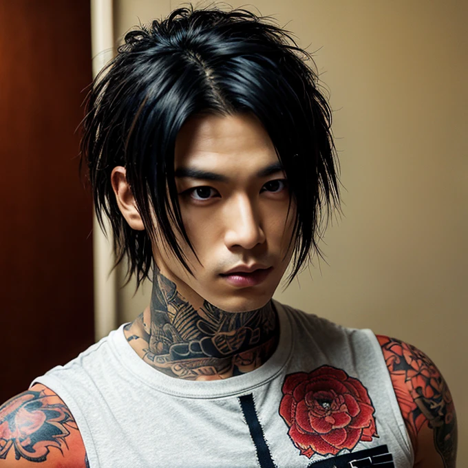 1 man, Japanese man, male, Asian eyes, muscular, broad shoulders, yakuza tattoos, hairstyle Visual Kei style, hair Visual Kei, black men's shirt and black pants, ultra detailed face, hyperrealistic, realistic representation, long hair, long hair, 30 years old, age 30 years, blond, blonde hair