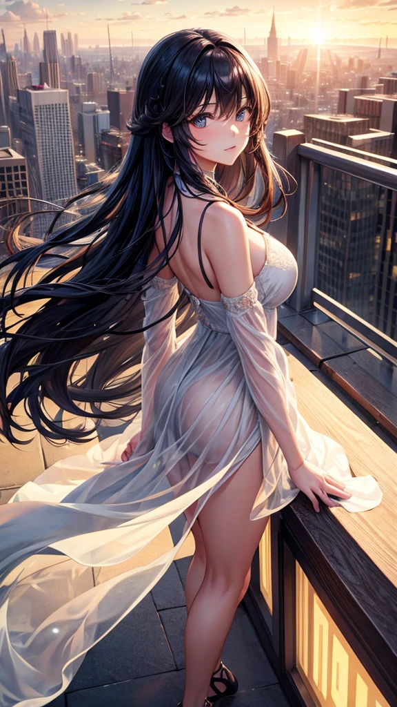 “A dynamic, high-resolution aerial view from the rooftop of a skyscraper. A beautiful long-haired girl with black hair stands with her back to the viewer, her floating hair catching the wind. She gazes down at the city below. The scene includes the vast sky, clouds, and a setting sun, casting a cinematic glow over the cityscape. Capture the intricate details and the grandeur of the urban landscape.”