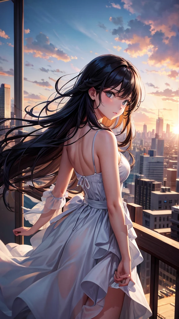 “A dynamic, high-resolution aerial view from the rooftop of a skyscraper. A beautiful long-haired girl with black hair stands with her back to the viewer, her floating hair catching the wind. She gazes down at the city below. The scene includes the vast sky, clouds, and a setting sun, casting a cinematic glow over the cityscape. Capture the intricate details and the grandeur of the urban landscape.”