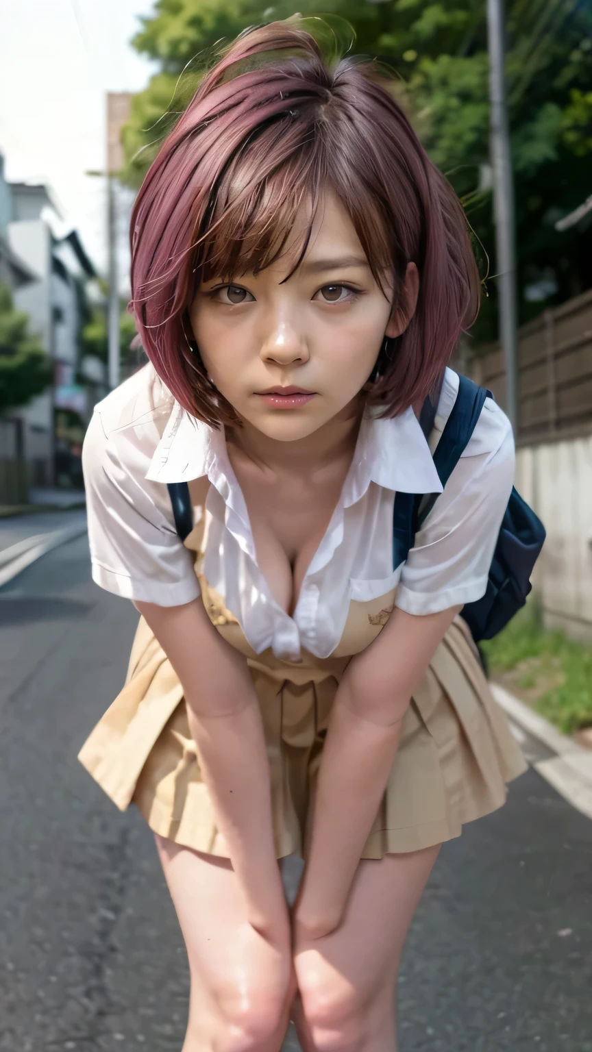 (A high school girl bends down to pick up a bag that was on the ground on a Tokyo street:1.2、blue sky、Cleavage:1.4)、((school uniform、blazer、Pleated skirt、Navy blue socks、loafers)、the wind is strong、(Realistic、Like a photograph、Live Action、8K, Realistic, RAW Photos, Best image quality: 1.4), Single-lens reflex camera、RAW Photos, Highest quality, Realistic, Highly detailed CG Unity 8K wallpaper, Written boundary depth, Cinematic Light, Lens flare, Ray Tracing, Realistic background、((ultra high density skin))、  girl on her way to school,Cute Japanese、(ＹThe buttons on her shirt are undone, exposing a small portion of her bra.:1.4、Big Breasts、The top part of the bra is visible.)、(whole body:1.5)、Super detailed face，avert your eyes:1.1、(Pink inner color hair、short hair:1.2、My hair flutters in the wind:1.4)、I like that style、stylish、Very detailed、Pay attention to the details、Perfect outfit、(Sunburned skin)、View from the front、Accurate hands、Accurate legs、Detailed hands and fingers、Anatomically correct body、Thin legs、Thin thighs、Large Breasts、Detailed bra