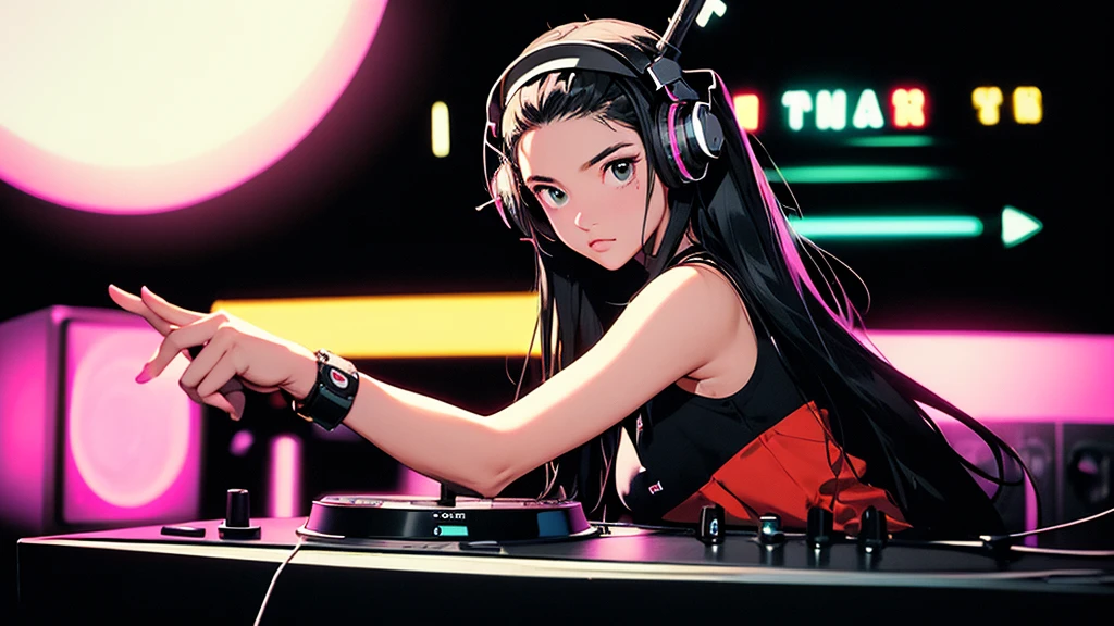 Battle DJ girl in HIPHOP fashion wearing DJ headphones,Front view , Turntablist, DJ Scratch, Two large LED-illuminated speakers on each side, In front of her is a music mixer and a turntable.、A record is placed on the turntable,ターンテーブルはTechnics SL-1200MK7, JQBert,