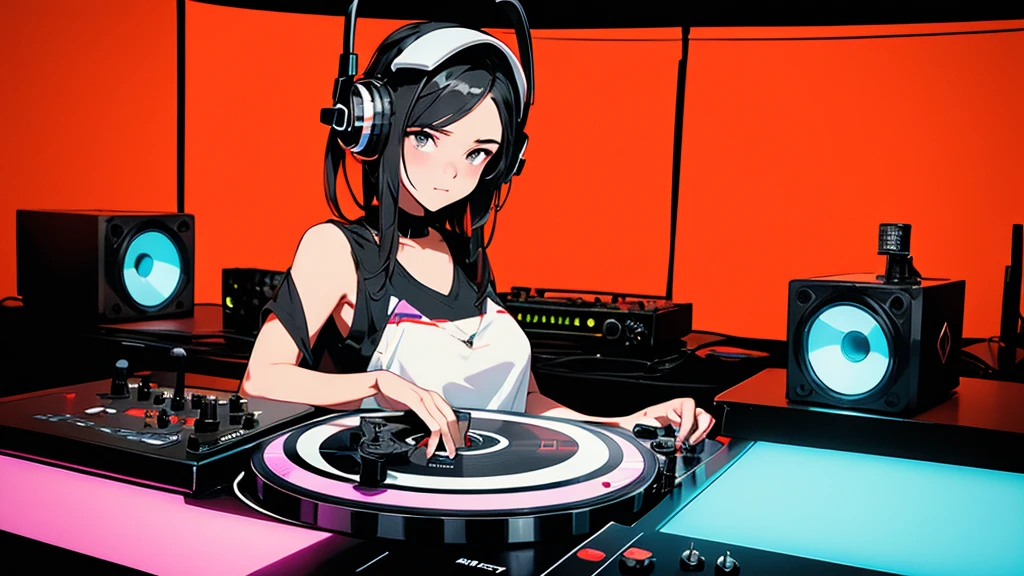 Battle DJ girl in HIPHOP fashion wearing DJ headphones,Front view , Turntablist, DJ Scratch, Two large LED-illuminated speakers on each side, In front of her is a music mixer and a turntable.、A record is placed on the turntable,ターンテーブルはTechnics SL-1200MK7, JQBert,