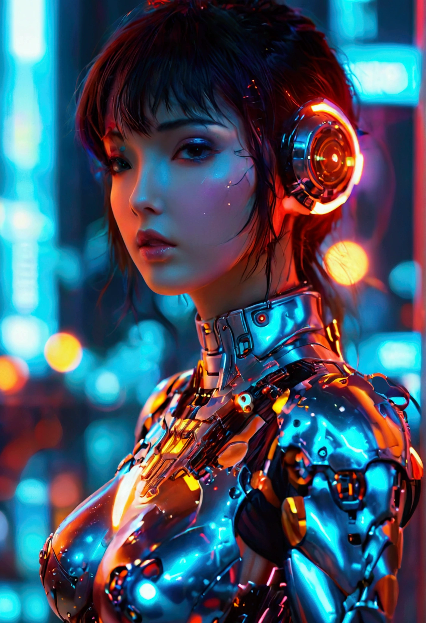 a cute woman, sexy skin-tight bodysuit, cybernetic data-ports, neon chrome color scheme, future tokyo, posing next to a matching cyber super mecha, masterpiece, best quality, 8k, hyperrealistic, extremely detailed, cinematic lighting, volumetric fog, dramatic atmosphere, intricate details, photorealistic, digital art, concept art, sci-fi, cyberpunk, show all of her, show her from head to toe
