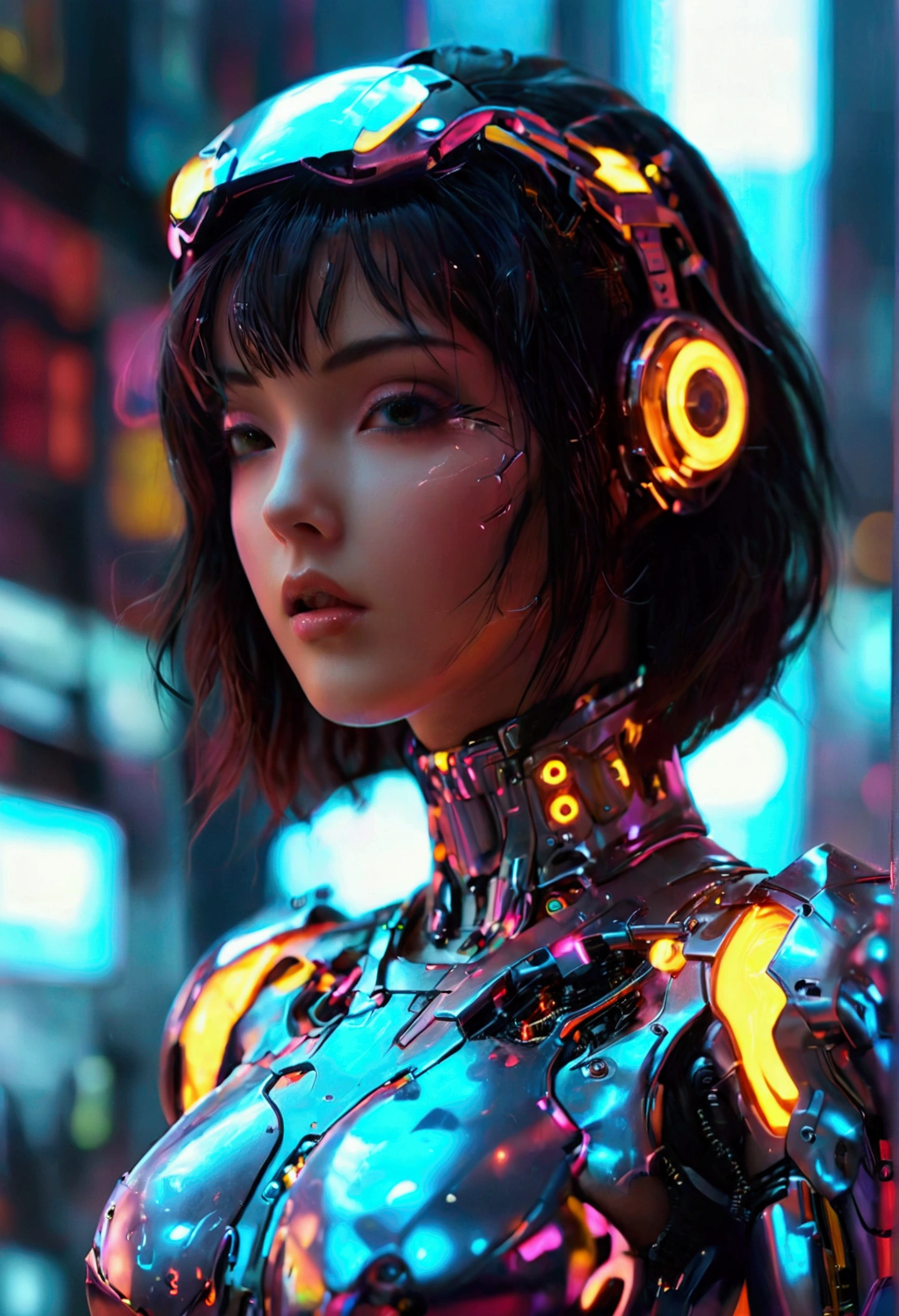 a cute woman, sexy skin-tight bodysuit, cybernetic data-ports, neon chrome color scheme, future tokyo, posing next to a matching cyber super mecha, masterpiece, best quality, 8k, hyperrealistic, extremely detailed, cinematic lighting, volumetric fog, dramatic atmosphere, intricate details, photorealistic, digital art, concept art, sci-fi, cyberpunk, show all of her, show her from head to toe