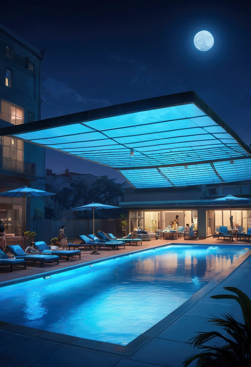 (Pool parties), Pixar style, Cyberpunk style, on a quiet night, the blue color of the pool reflects the moonlight, surrounded by high-tech sunshades. People are playing in the pool, they are Asians, and the background is the pool at night. Technological elements such as sunshades with obvious light and shadow effects and high-tech light and shadow embellish it, full body, (Photography), panoramic view, award-winning, cinematic still, emotional, vignette, dynamic, vivid, (masterpiece, best quality, Professional, perfect composition, very aesthetic, absurdres, ultra-detailed, intricate details:1.3)