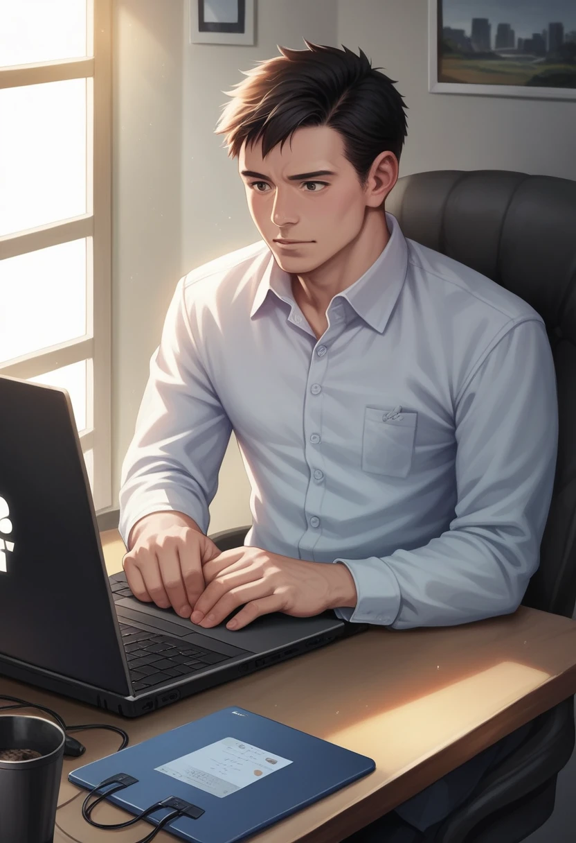 a man sitting at a table working on a laptop, wearing casual clothes, focused expression, laptop on desk, working on computer, office setting, Tokyo, Japan, Sony Alpha 9 camera, Sigma 20mm f1.2 lens, realistic, photorealistic, cinematic lighting, detailed environment, intricate details, warm color tones, natural lighting, high quality, 8k, hyper detailed