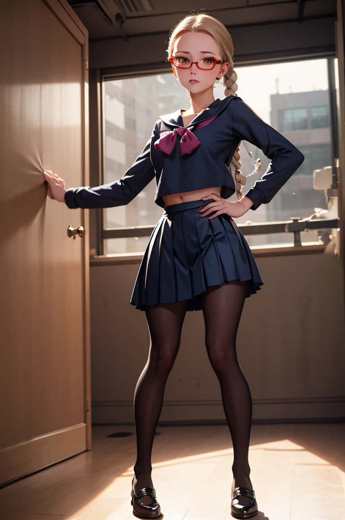 (masterpiece, best quality), 1girl,   tomi, tomi, serafuku, pleated skirt, under-rim eyewear, navy pantyhose