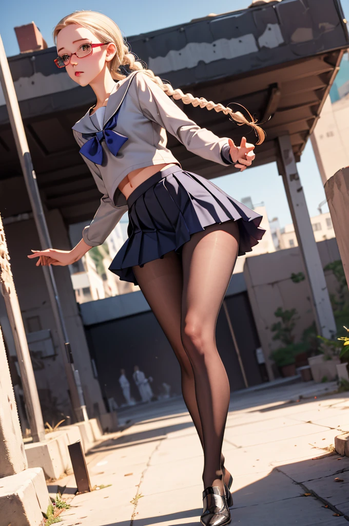 (masterpiece, best quality), 1girl,   tomi, tomi, serafuku, pleated skirt, under-rim eyewear, navy pantyhose