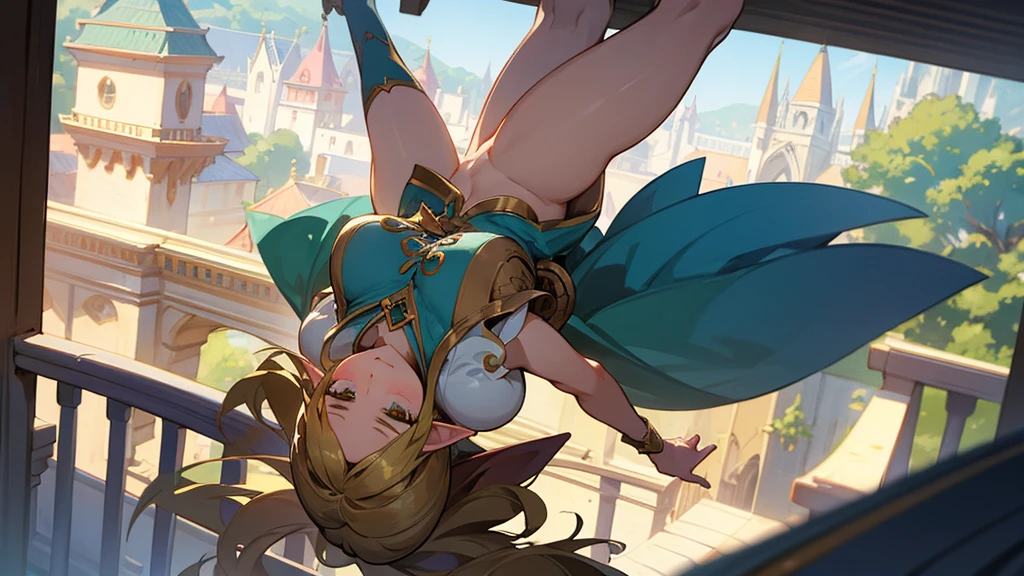 Thick thighs,Anime Style,A detailed background with many people,Magical World,A lively balcony with many people,Smiling bard beautiful elf girl,Upside down,Large Breasts