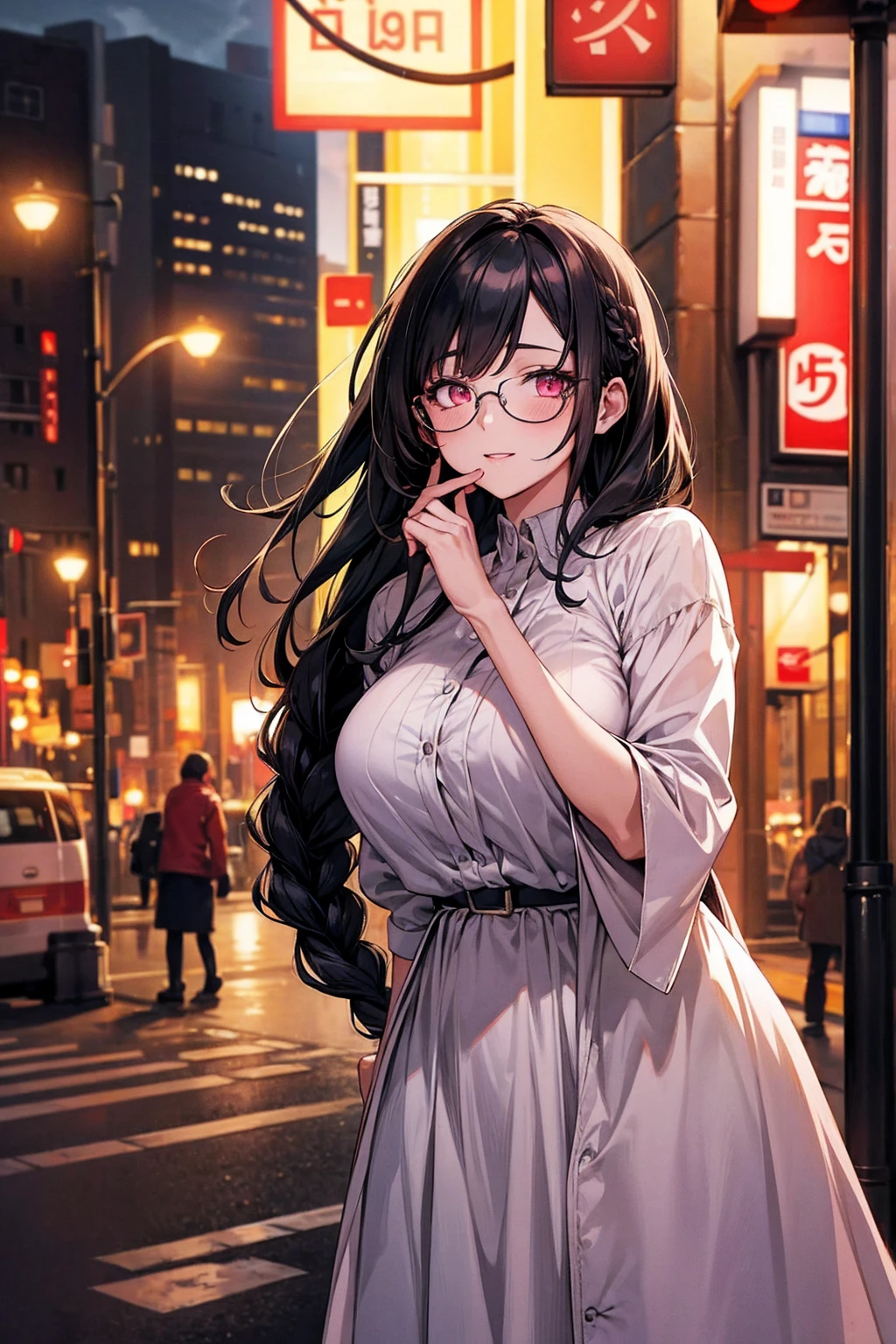 (best quality, Masterpiece), 1 girl, The sun shines, In the building, black hair, Beautiful long hair, double braid, pink eyes, glasses, cute, Bright face, Good mood, Huge breasts, Beautiful fashion clothes, shy, 1 woman, young girl, (Goosebumps:0.7), Beautiful face, (shyไลเนอร์, lipstick:0.9), nighttime, street lights, fall, 4K, 8K, UHD, HDR, detailed background, background