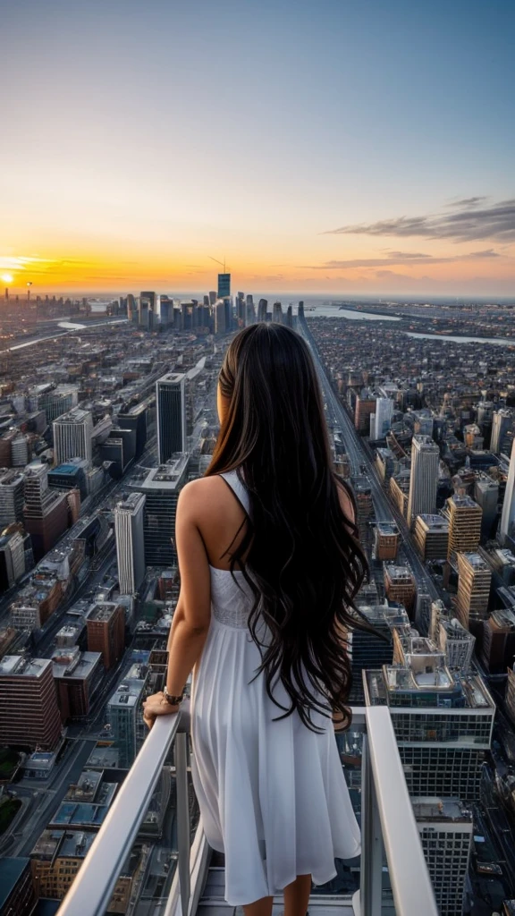 “A dynamic, high-resolution aerial view from the rooftop of a skyscraper. A beautiful long-haired girl with black hair stands with her back to the viewer, her floating hair catching the wind. She gazes down at the city below. The scene includes the vast sky, clouds, and a setting sun, casting a cinematic glow over the cityscape. Capture the intricate details and the grandeur of the urban landscape.”