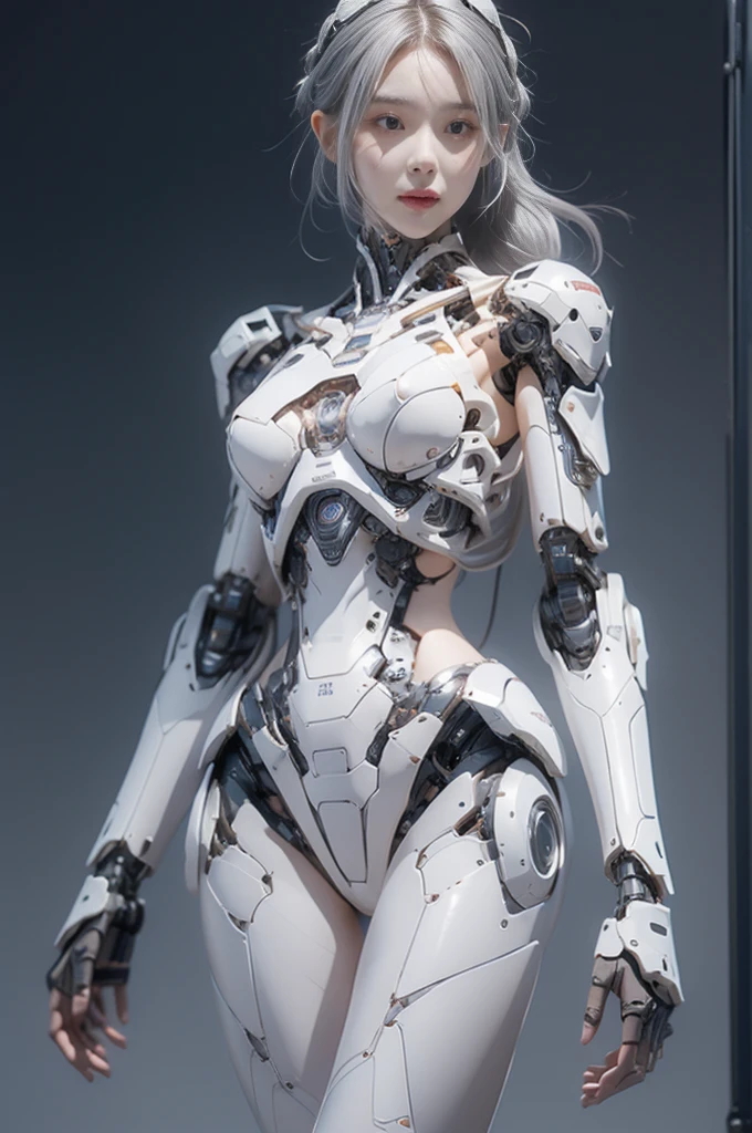 {{best quality, 1080P, Masterpiece, Ultra high resolution, photorealistic, ultra realism, Realistic skin texture, Extreme skin detail, dslr, Detailed eyes, Facing the camera, very beautiful face, Concise facial structure, Pale skin, Realistic skin texture, Extreme skin detail, oc render reflection textures, Realistic light and shadow, Single picture, alone, gray hair, The body is slim and balanced., Age 20, Height 170, naked girl, Nude, sexy pose, no underwear, A girl with the body of a mechanical robot., Transparent futuristic black glass mech armor suit, The mechanical cervix is attached to the neck., The robot circuit is stuck in the middle of the back., flat stomach, Girl with perfect robot arms and legs, full body view, Whole body photo.}}
