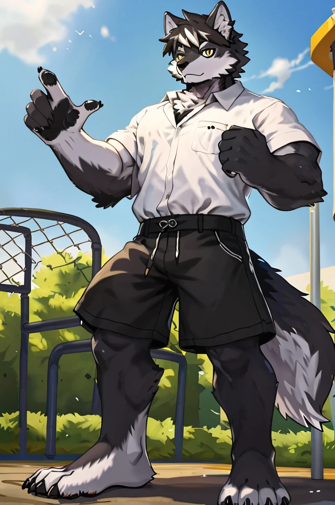 (Strong arms),(Strong legs),masterpiece, best quality, Official Art, Extremely detailed CG unified 8k wallpaper, Ultra Detailed, Best Illustration, , Ink fur, hairy male, Wolf Boy, hairy, Ink fur, 1 Boy,, male focus,, Striped hair, Wolf ears, Animal ears, Single speaker, Ink fur, Bangs, dark hair, White highlights, Medium Hair, Solitary, Ink tail,hairy尾巴,(Black pupil),High target,(In a school playground),,barefoot,(Sexy),((High target and strong)),side,(Delicate eyes:1.2),Inky eyes,male,Solitary,(Inky pupils),(Detailed face),(Sharp eyes),Permanent,(Detailed hands),(Foot details),aldult,type,Moderate,Long legs,(Detailed fingers),(Delicate eyes),(White shirt),(Black shorts),easy,