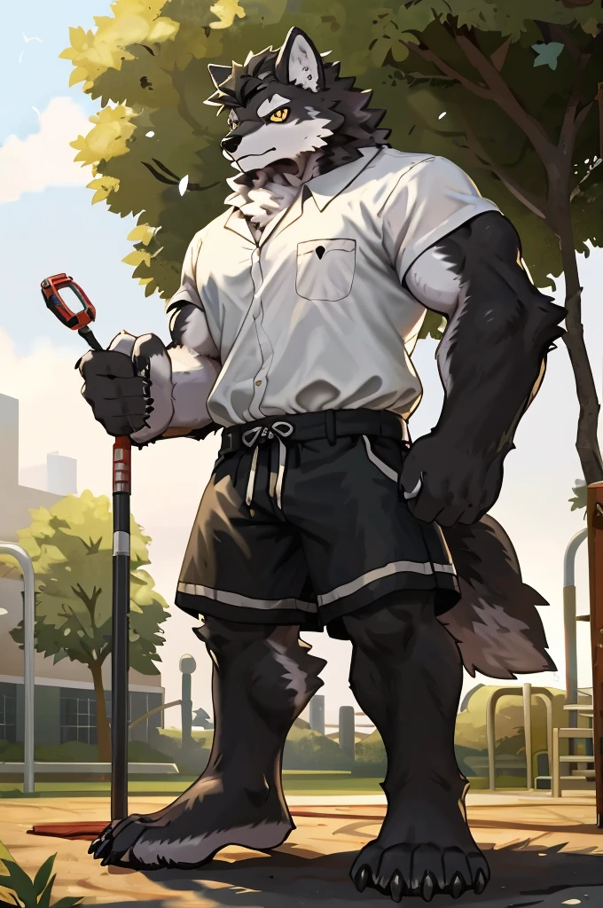 (Strong arms),(Strong legs),masterpiece, best quality, Official Art, Extremely detailed CG unified 8k wallpaper, Ultra Detailed, Best Illustration, , Ink fur, hairy male, Wolf Boy, hairy, Ink fur, 1 Boy,, male focus,, Striped hair, Wolf ears, Animal ears, Single speaker, Ink fur, Bangs, dark hair, White highlights, Medium Hair, Solitary, Ink tail,hairy尾巴,(Black pupil),High target,(In a school playground),,barefoot,(Sexy),((High target and strong)),side,(Delicate eyes:1.2),Inky eyes,male,Solitary,(Inky pupils),(Detailed face),(Sharp eyes),Permanent,(Detailed hands),(Foot details),aldult,type,Moderate,Long legs,(Detailed fingers),(Delicate eyes),(White shirt),(Black shorts),easy,