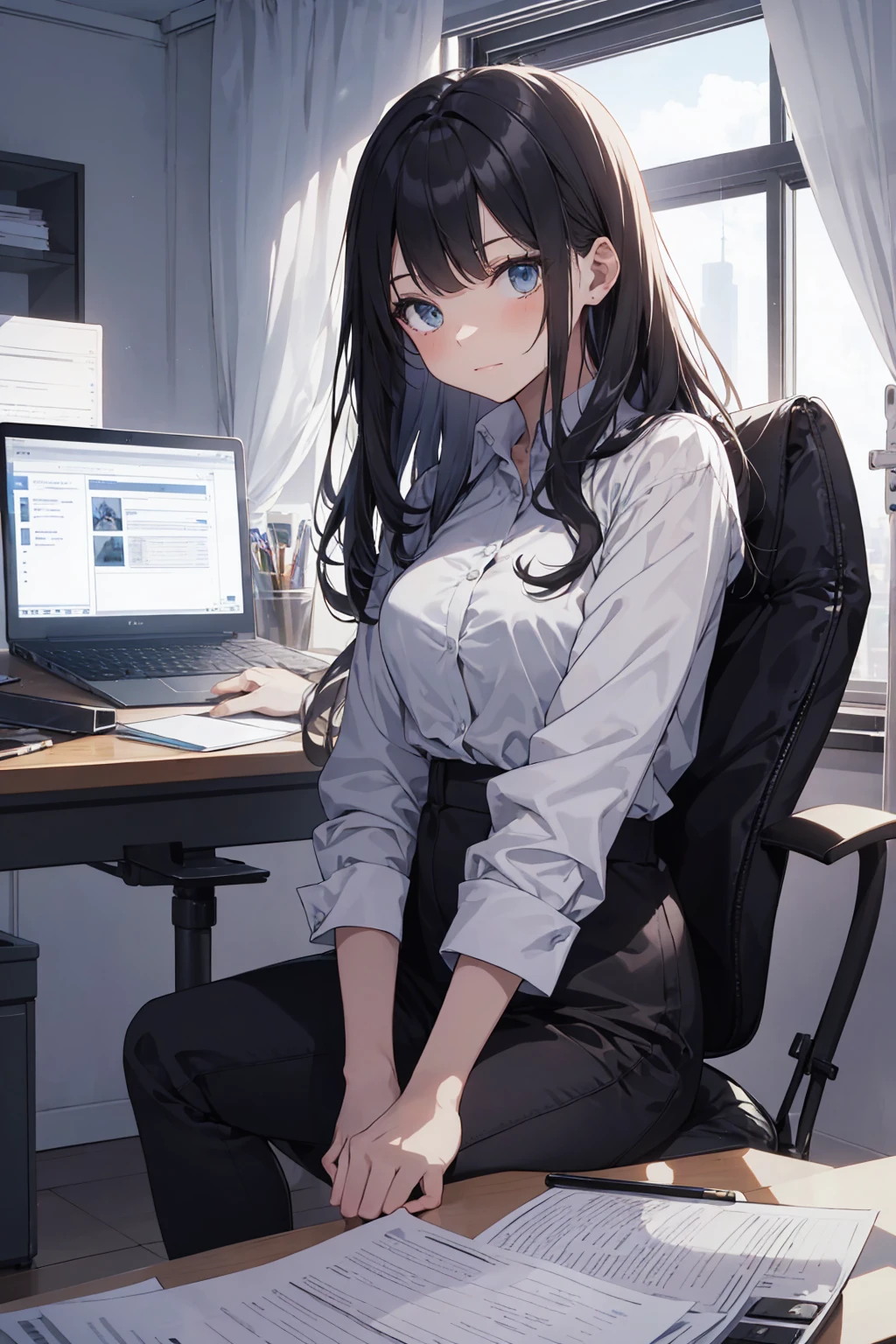 This illustration depicts a cute girl working in an office in a high-rise building, at a moment when she is tired of the situation. She is working on her laptop and is facing the monitor. His eyes are shining. Inside the room are piles of documents, an office desk and chair, a monitor, etc. However, the most notable thing is the "final mysterious high-energy body" she emits. This energy body is released from her body and has the power to obliterate the garbage in the room. emits a pale, white light that reaches every corner of the room. The view from the window is a night view. A girl with a satisfied expression is sitting.(night)