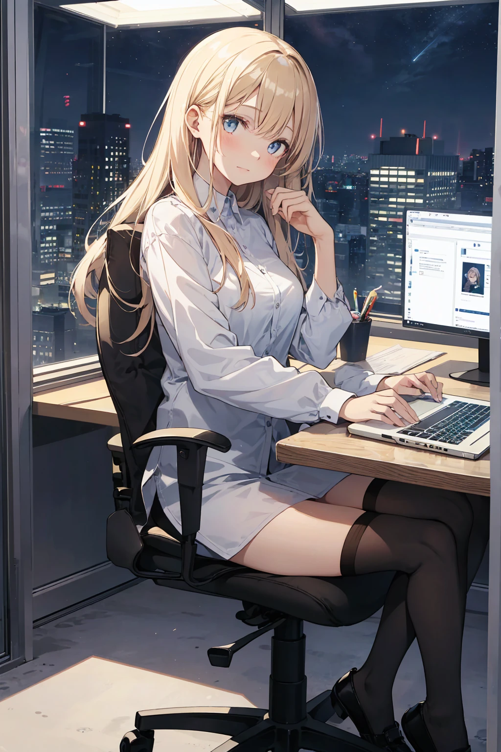 This illustration depicts a cute girl working in an office in a high-rise building, at a moment when she is tired of the situation. She is working on her laptop and is facing the monitor. His eyes are shining. Inside the room are piles of documents, an office desk and chair, a monitor, etc. However, the most notable thing is the "final mysterious high-energy body" she emits. This energy body is released from her body and has the power to obliterate the garbage in the room. emits a pale, white light that reaches every corner of the room. The view from the window is a night view. A girl with a satisfied expression is sitting.(night)