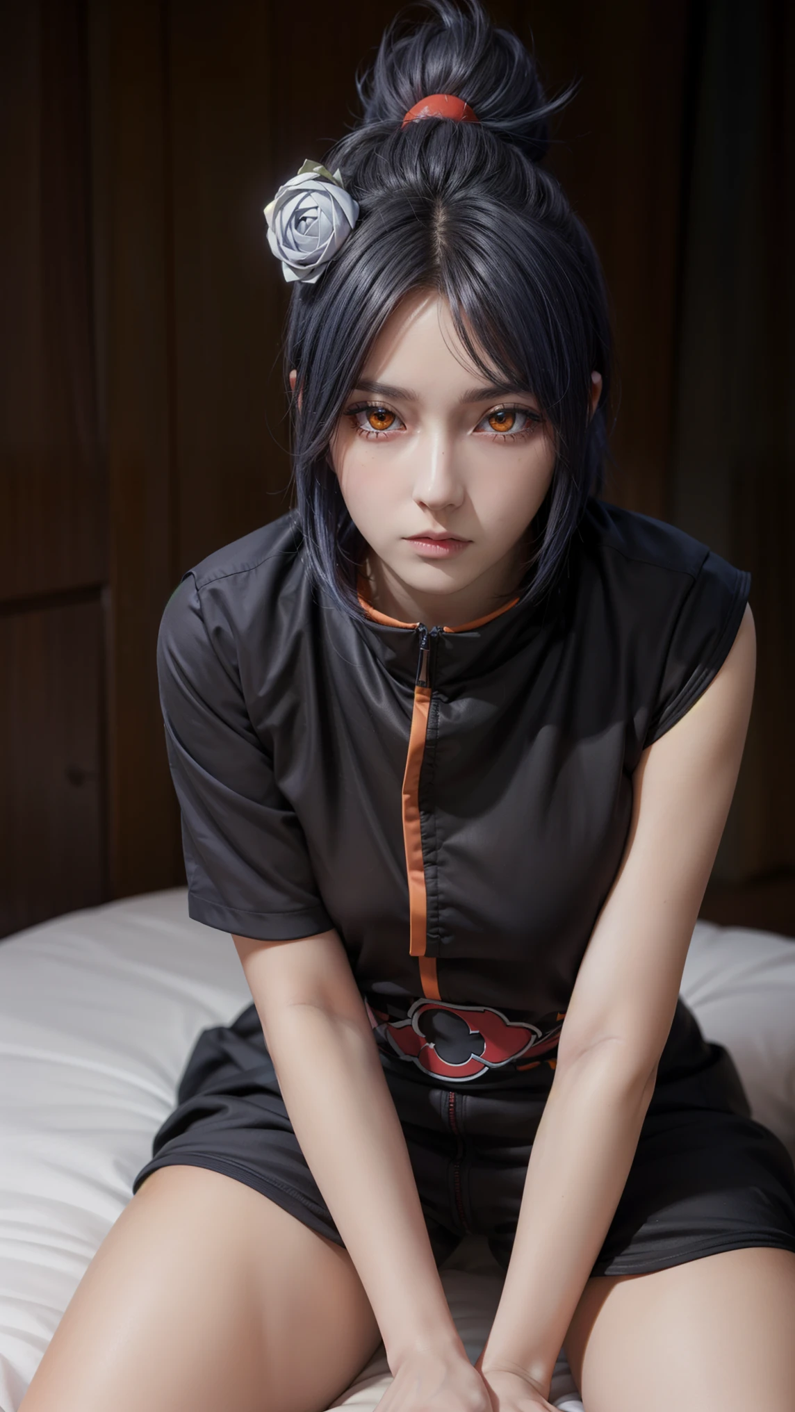 woman, woman, short hair, hair ornament, blue hair, legs , sitting on the bed , small, panties, bra, sexy body , , one flower, hair цветок, (orange eyes:1.2), (labret piercing:1.2), eyeshadow, (Akatsuki uniform:1.5), Akatsuki \(naruto\),BREAK (masterpiece:1.2), Best quality, A high resolution, unity 8k wallpaper, (illustration:0.8), (beautiful detailed eyes:1.6), very detailed face, perfect lighting, extremely detailed computer graphics, (perfect hands, Ideal Anatomy),