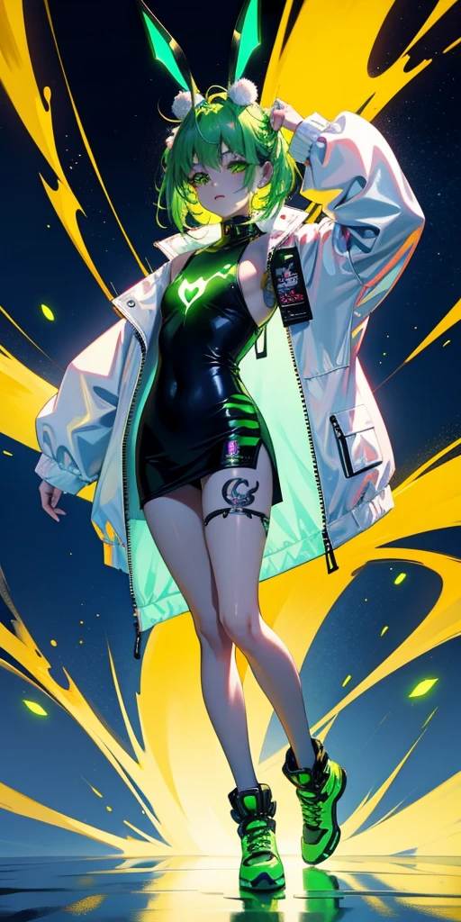 Rabbit technique , Science Fiction, Fluffy ,
1 girl, Tattoo, Glowing tattoo, Glowing eyes, Colorful glowing hair , Full body love, Green Hair,
Kawaiitech, Soft colors, Kawaii, Lovely colors,