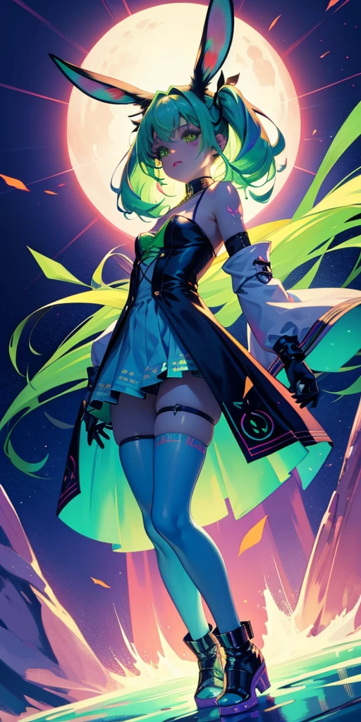 Rabbit technique , Science Fiction, Fluffy , 
1 girl, Tattoo, Glowing tattoo, Glowing eyes, Colorful glowing hair , Full body love, Green Hair,
  Kawaiitech, Soft colors, Kawaii, Lovely colors,
