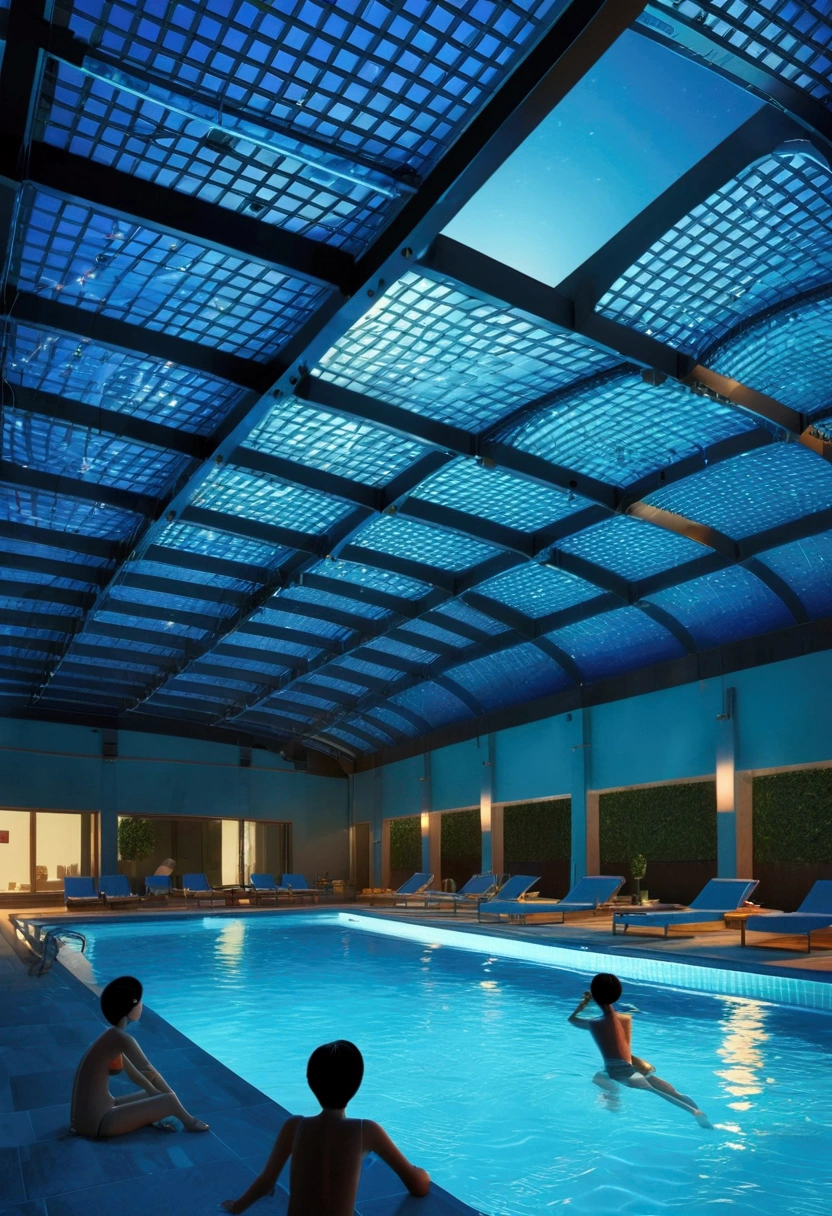 (Pool parties), Pixar style, Cyberpunk style, on a quiet night, the blue color of the pool reflects the moonlight, surrounded by high-tech sunshades. People are playing in the pool, they are Asians, and the background is the pool at night. Technological elements such as sunshades with obvious light and shadow effects and high-tech light and shadow embellish it, full body, (Photography), panoramic view, award-winning, cinematic still, emotional, vignette, dynamic, vivid, (masterpiece, best quality, Professional, perfect composition, very aesthetic, absurdres, ultra-detailed, intricate details:1.3)