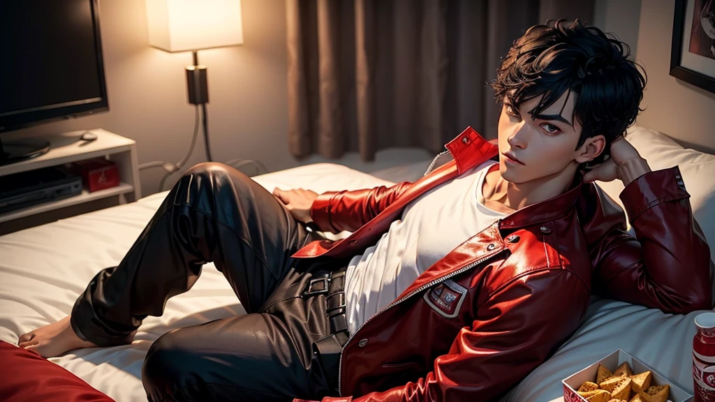 A handsome boy, Chin black hairstyle, red demonic eyes , slim body, white shirt and red jacket sitting in his room and eating snacks while watching movie in night rainy outside