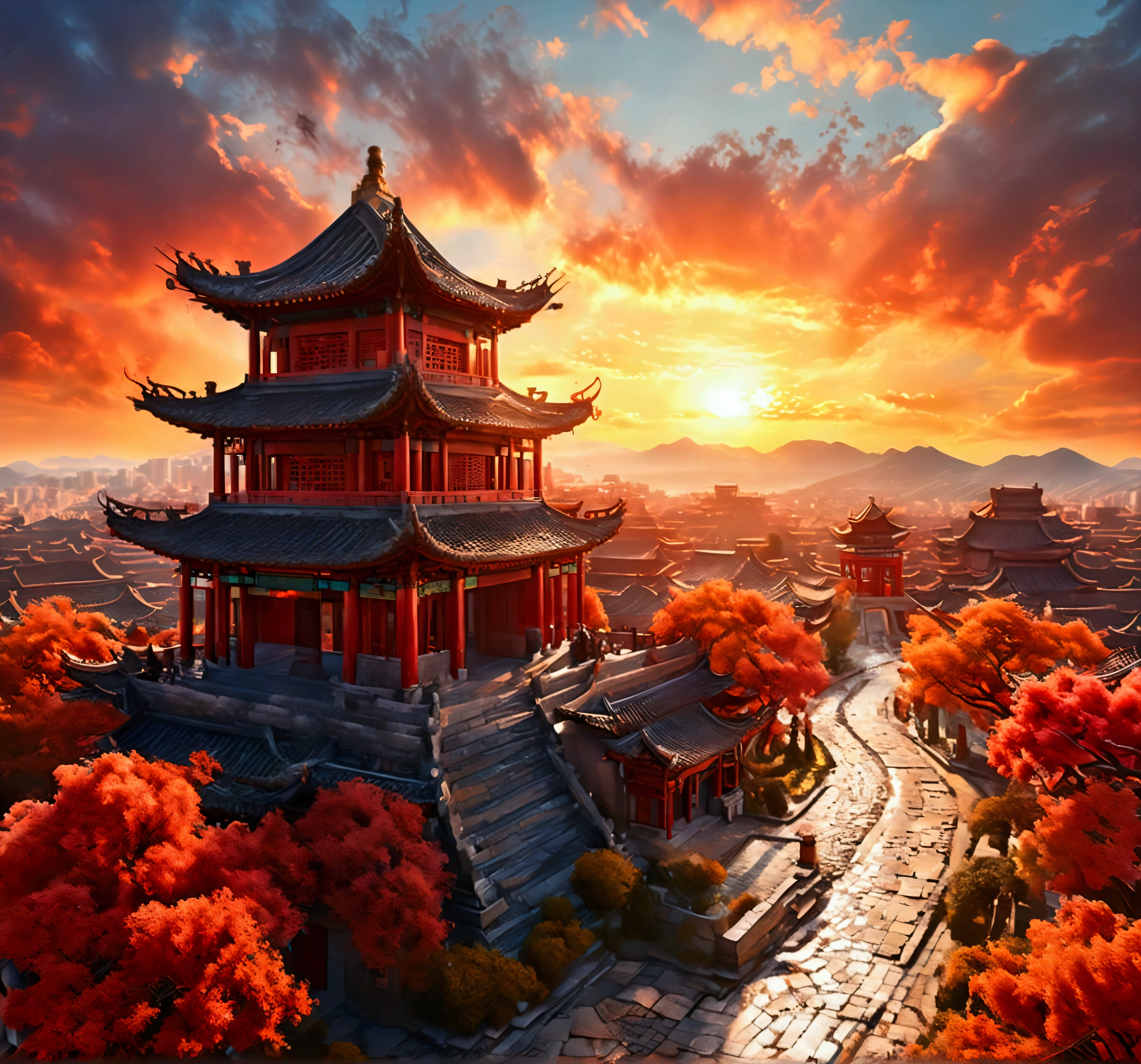 Ancient Chinese architecture,Chinese Drum Tower,High viewing angle, Landscape concept art, Ultra-high resolution (lifelike: 1.4), aesthetics, Key Points, high quality, Vibrant colors, Award-winning photography, Rich in details,Scenery of ancient Chinese capital, (The sunset sky is dyed orange and red:1.4), Sunlight shines through gaps in the clouds, cobblestone, After the Rain, Ancient city at sunset