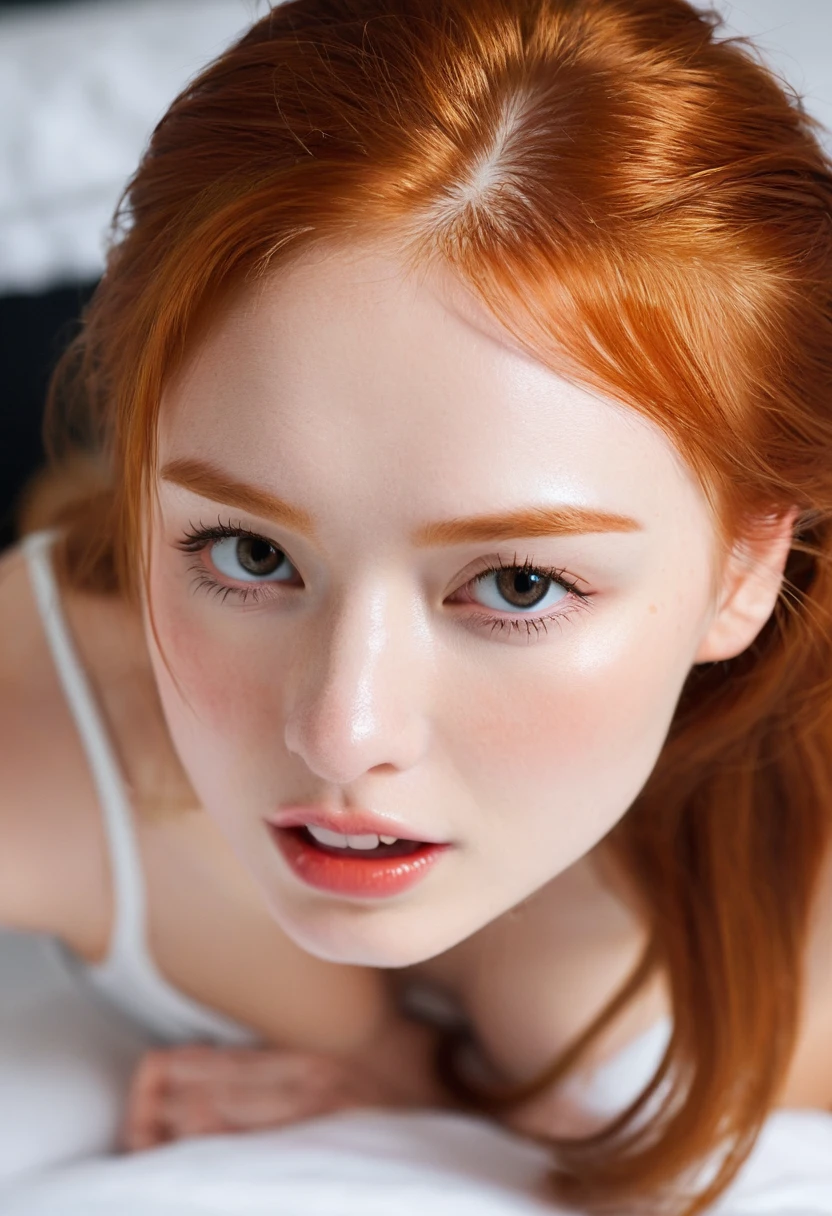 Photo of a ginger Russian girl on her knees looking up at the camera, pov, eye liner, bedroom, mouth open, eyes closed, (a little white thick liquid on the face: 1.5), DV_Chen_Vicious, cum on face