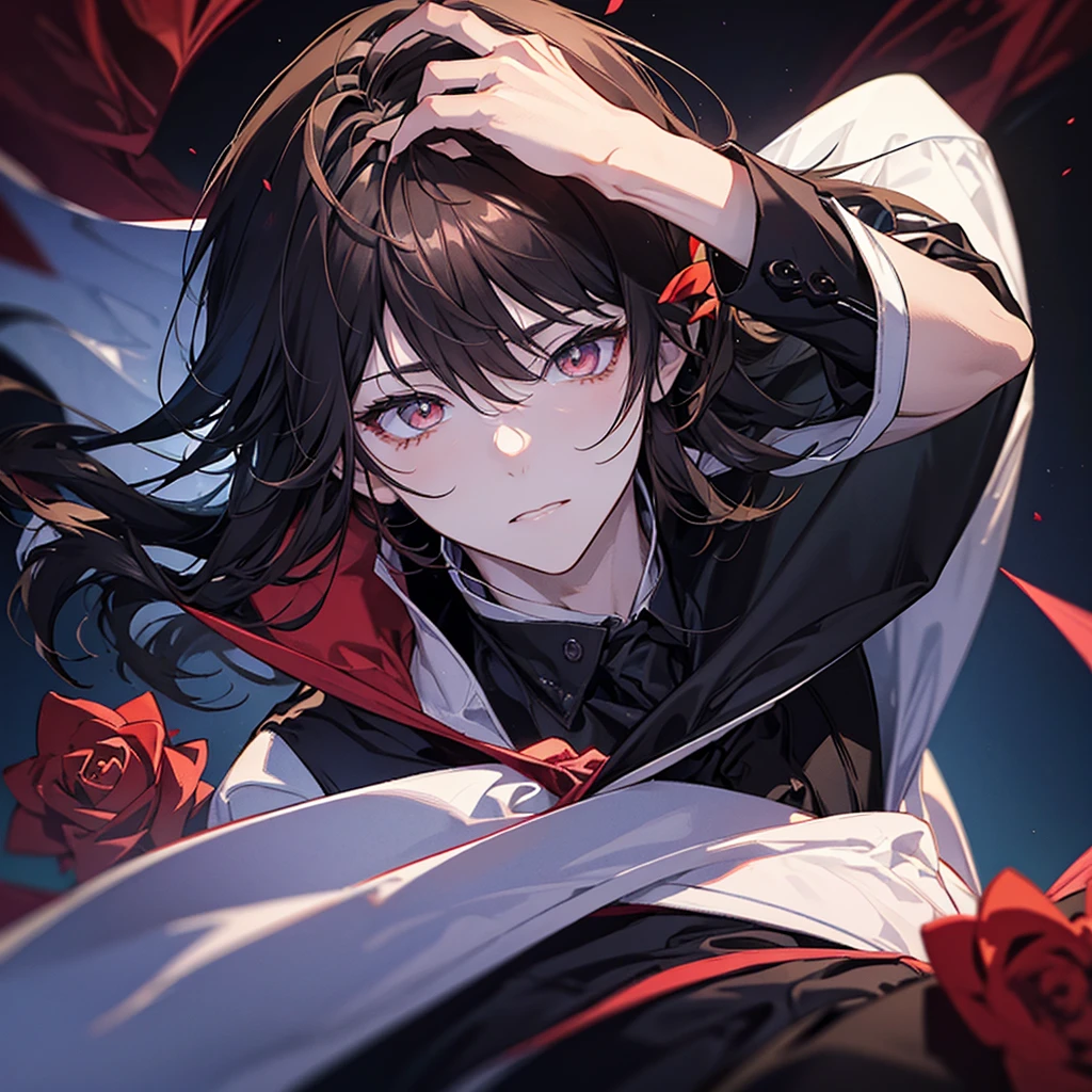 Create a close-up profile picture of an anime boy with cat ears. He should have brown hair and be dressed in a black shirt, a black blazer, and a red tie. The background should be filled with red roses.