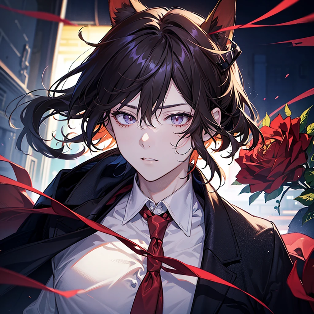 Create a close-up profile picture of an anime boy with cat ears. He should have brown hair and be dressed in a black shirt, a black blazer, and a red tie. The background should be filled with red roses.
