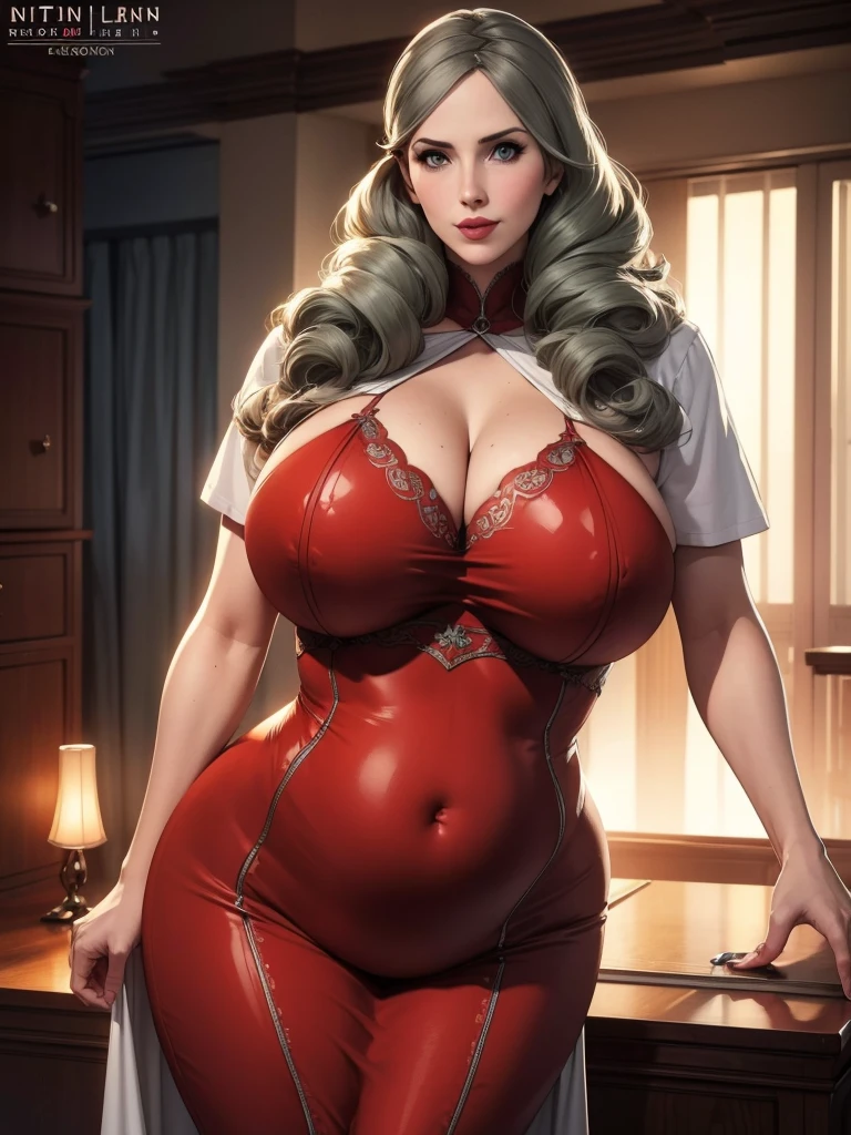 65-year-old female teacher, Long Hair(Gray Hair), Cowboy Shot, Long dress, A light smile, White Stockings, 8K, Green Hair, 8K 円, High quality illustrations, Dynamic Lighting, Exquisite detail, pregnancy9Monthly Women,Nicole Kidman,Mature Woman, Mom Type, Mom Type, Very large breasts:1.7,Curvaceous figure, Bright red lips, Perfect body, Sensual appearance, Curvy Model, Very plump body, Sensual body, Plus Size Women, Attractive plus size model, Illustration of a curved hourglass,blue eyes: 1.7. Shine:1.2,Standing pose,(Glaring at the camera), Nicole Kidman, pregnancy9Monthly Women, Very large breasts:1.7,65-year-old female teacher, Long Hair(Gray Hair), Long dress