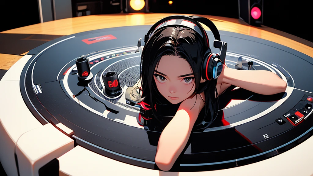Battle DJ girl in HIPHOP fashion wearing DJ headphones,Front view , Turntablist, DJ Scratch, In front of her is a music mixer and a turntable.、A record is placed on the turntable,ターンテーブルはTechnics SL-1200MK7, JQBert,