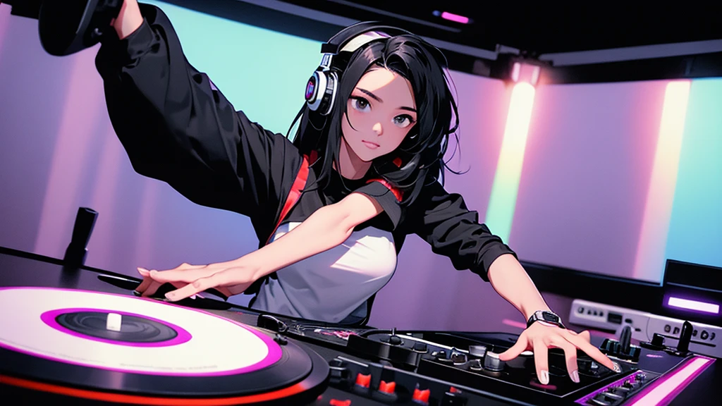 Battle DJ girl in HIPHOP fashion wearing DJ headphones,Front view , Turntablist, DJ Scratch, In front of her is a music mixer and a turntable.、A record is placed on the turntable,ターンテーブルはTechnics SL-1200MK7, JQBert,