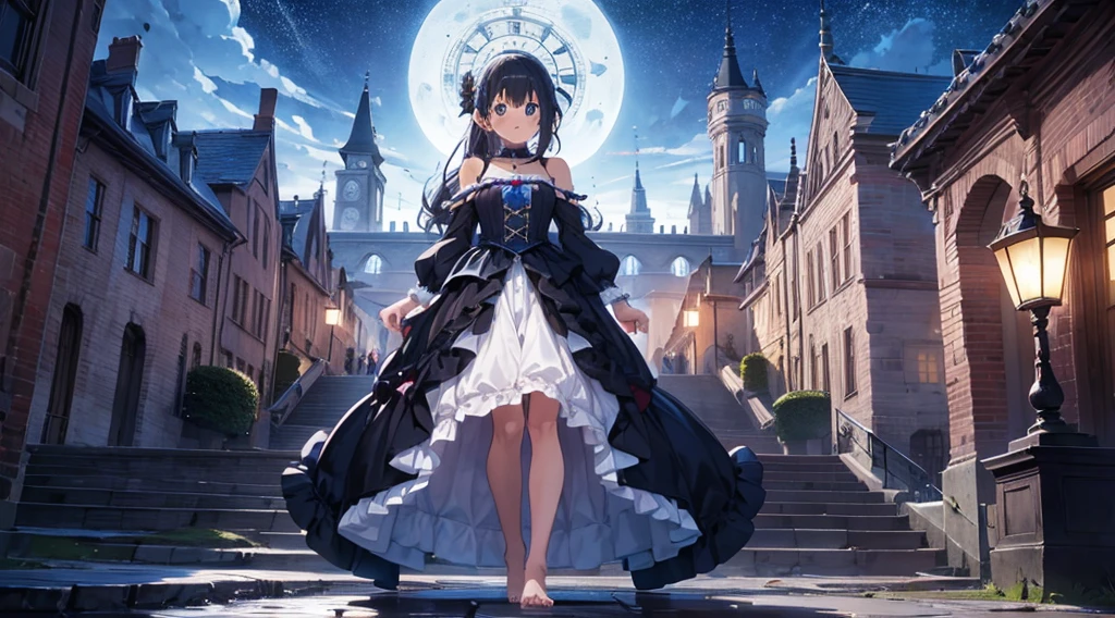 midnight、Big Clock、Grand staircase in the castle、Cinderella runs down the stairs barefoot、