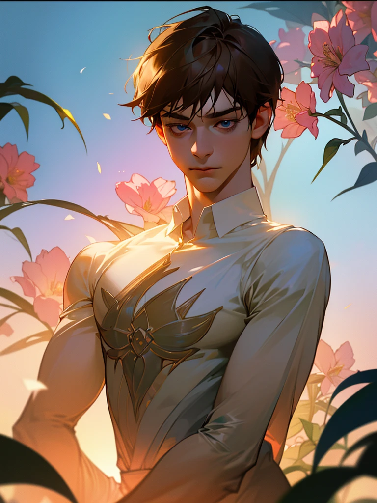 1 young teen boy, detailed boy, muscular boy, brown hair, blue eyes, twink, small waist, big arms, chiseled abs, big voluptuous chest, body wrapped in beautiful flower vines, see-through clothes, in a blank room, sunset beautiful floral field, (best quality,4k,8k,highres,masterpiece:1.2),ultra-detailed,(realistic,photorealistic,photo-realistic:1.37),HDR,UHD,studio lighting,ultra-fine painting,sharp focus,physically-based rendering,extreme detail description,professional,vivid colors,bokeh,portraits,fantasy,dramatic lighting,dramatic colors,floral,lush flowers,floral vines,gossamer,ethereal,dreamlike,half body